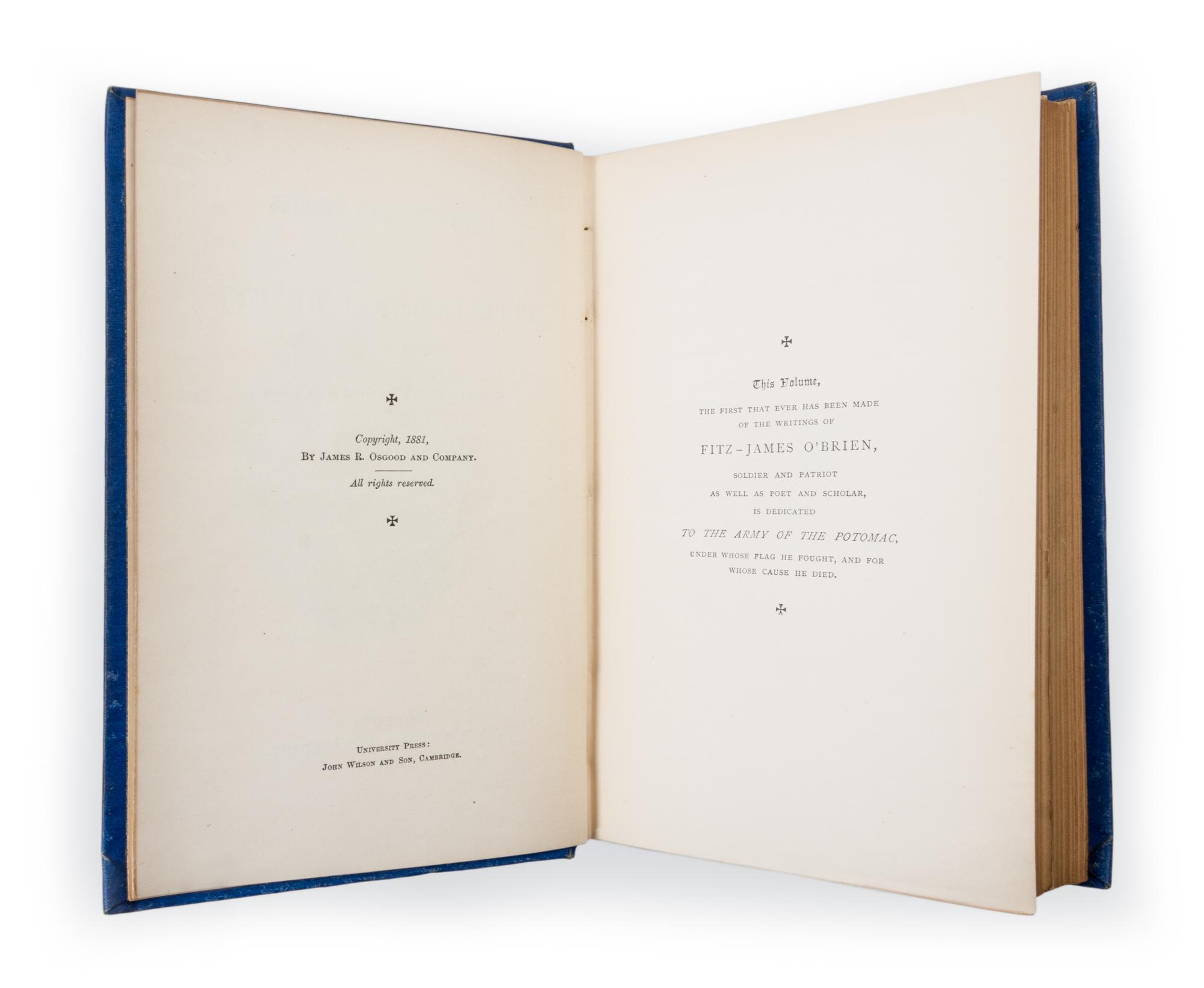 O'BRIEN, FITZ-JAMES. The Poems and Stories of Fitz-James O'Brien. Boston, 1881.