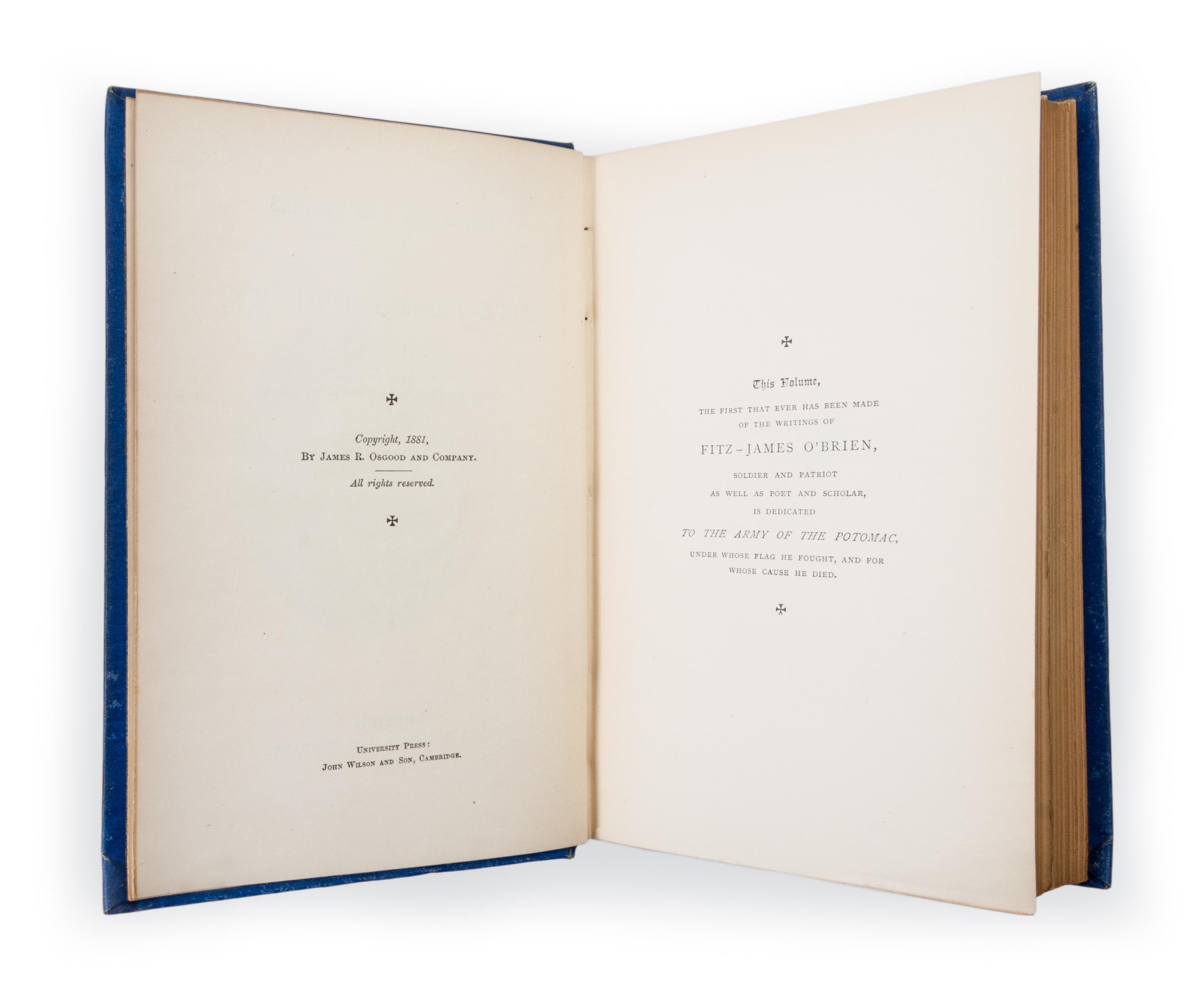 O'BRIEN, FITZ-JAMES. The Poems and Stories of Fitz-James O'Brien. Boston, 1881.