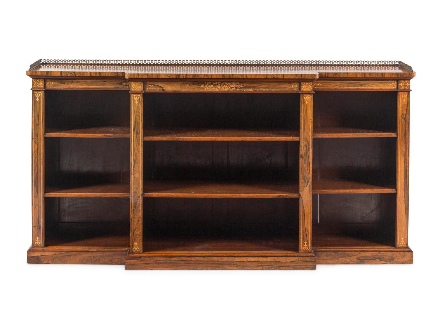 A Regency Indian Rosewood and Fruitwood Marquetry Breakfront Bookcase