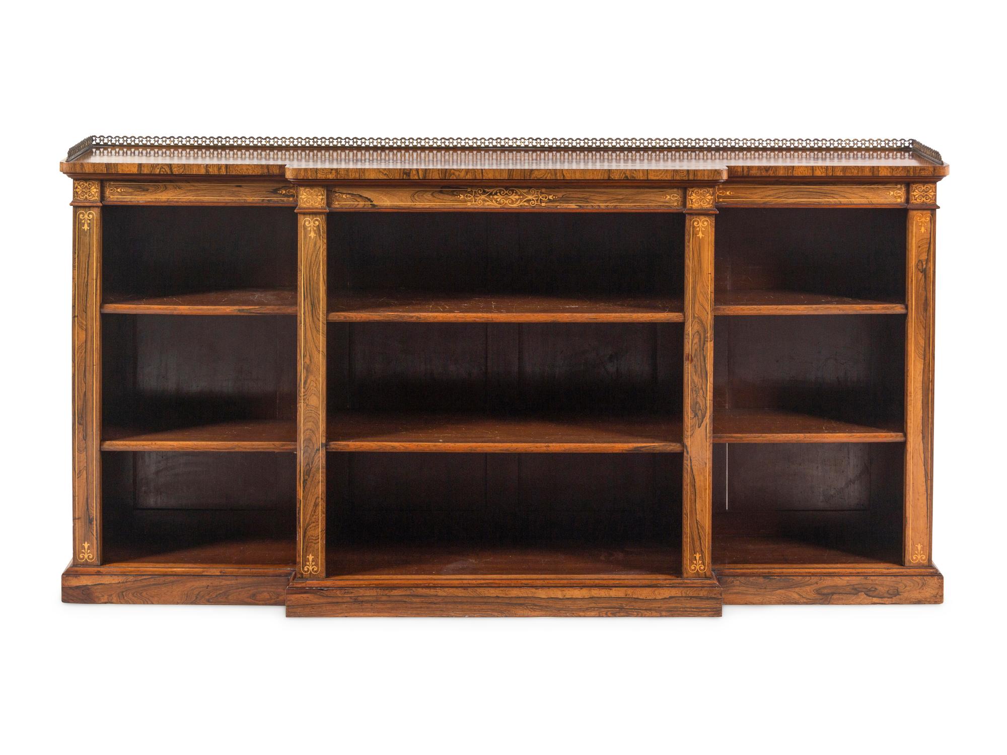 A Regency Indian Rosewood and Fruitwood Marquetry Breakfront Bookcase