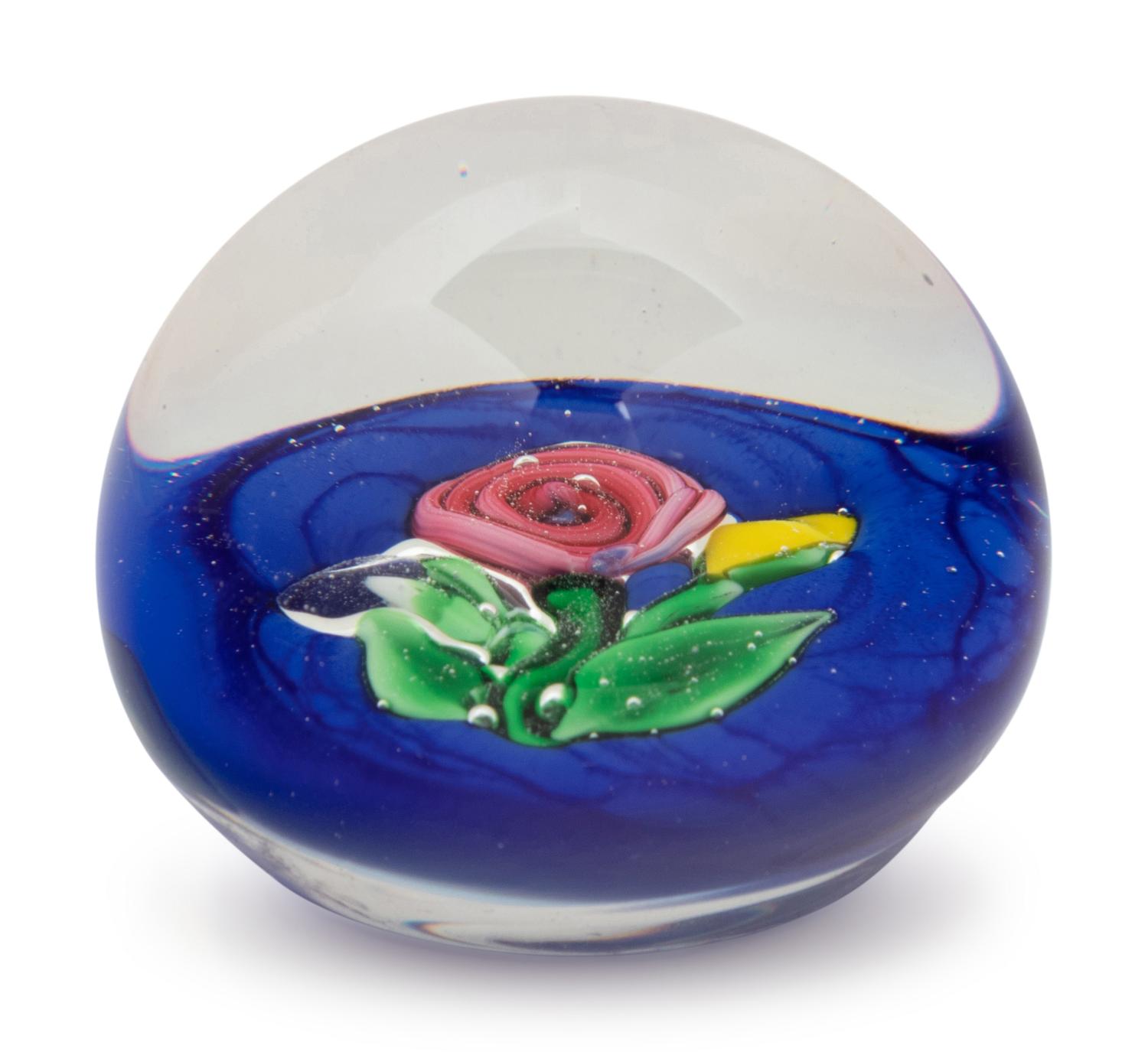 A Ronald Hansen Three Flowers on Blue Ground Miniature Glass Paperweight