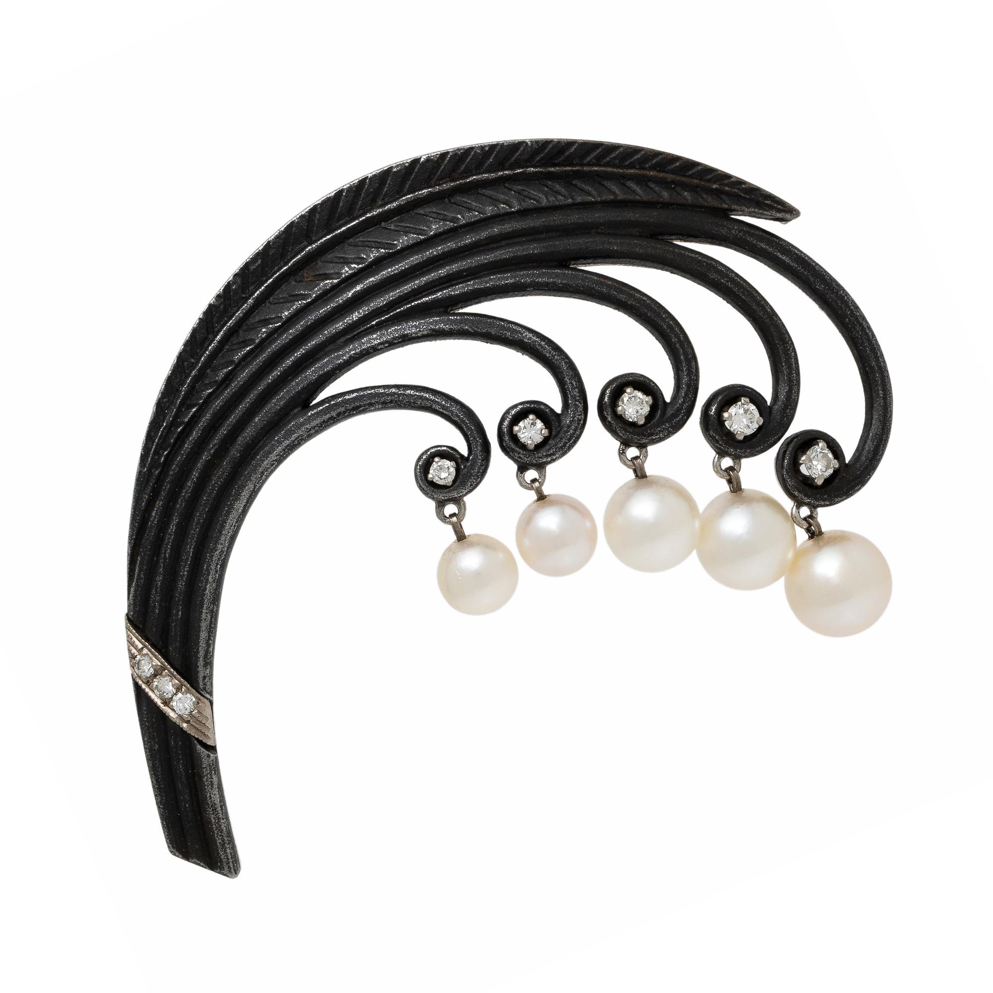 Marsh & Co., Blackened Steel, Diamond, and Cultured Pearl Lily-of-the-Valley Brooch