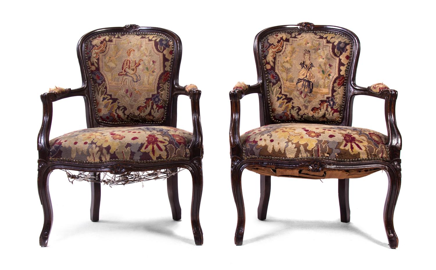A Pair of Louis XV Style Oak Fauteuils, Height 34 inches.