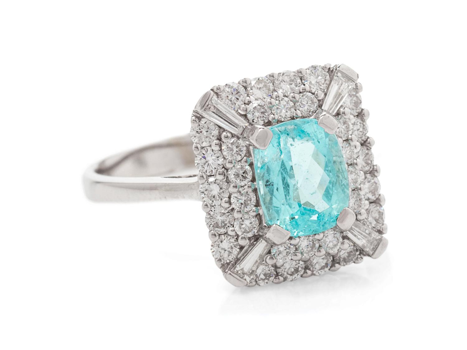 A 14 Karat White Gold, Greenish-Blue Tourmaline and Diamond Ring,
