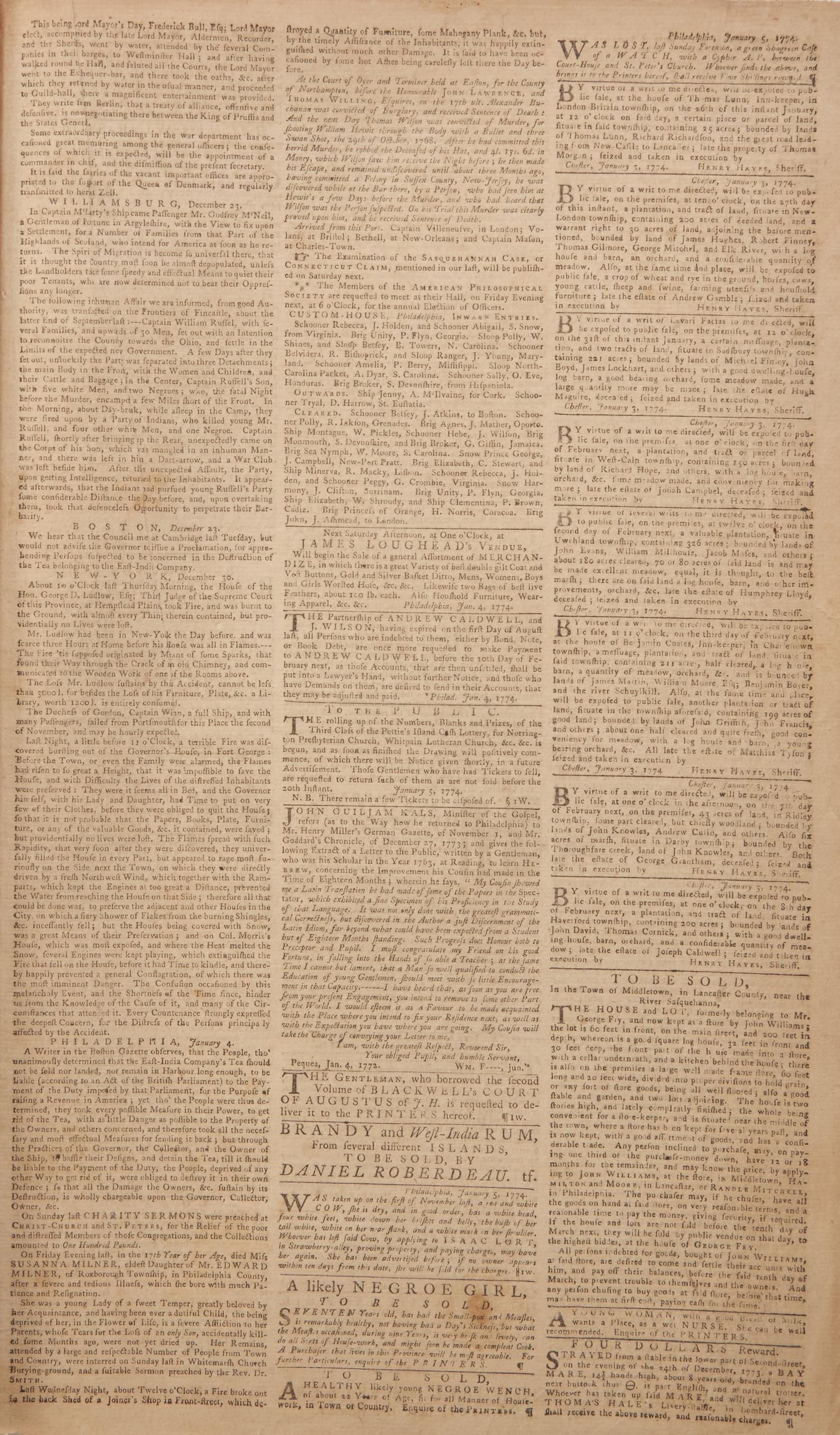 [American Revolution] Early Report of the Boston Tea Party, Printed by The Pennsylvania Gazette , One of Most Vocal Voices of Colonial Opposition