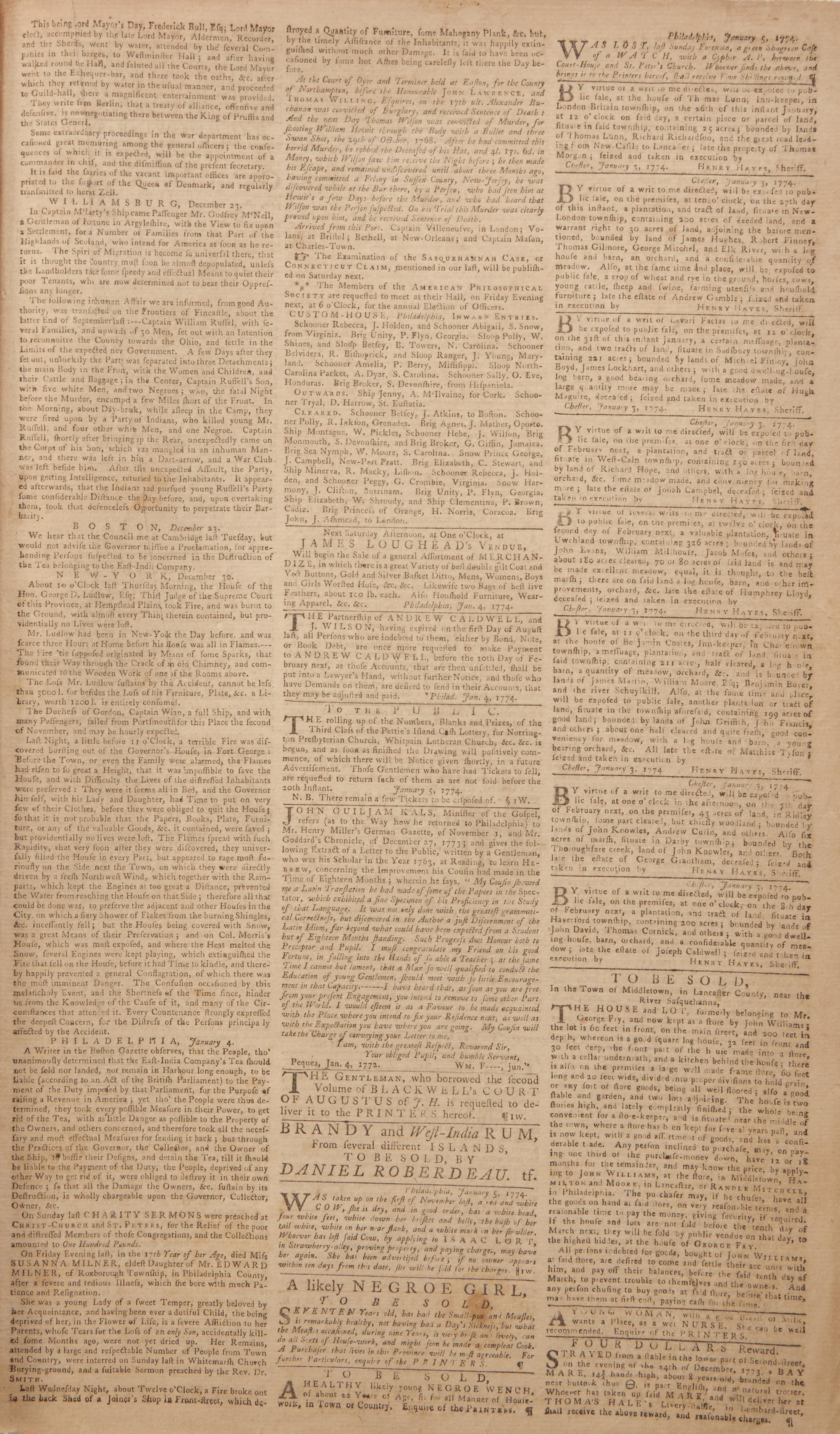 [American Revolution] Early Report of the Boston Tea Party, Printed by The Pennsylvania Gazette , One of Most Vocal Voices of Colonial Opposition