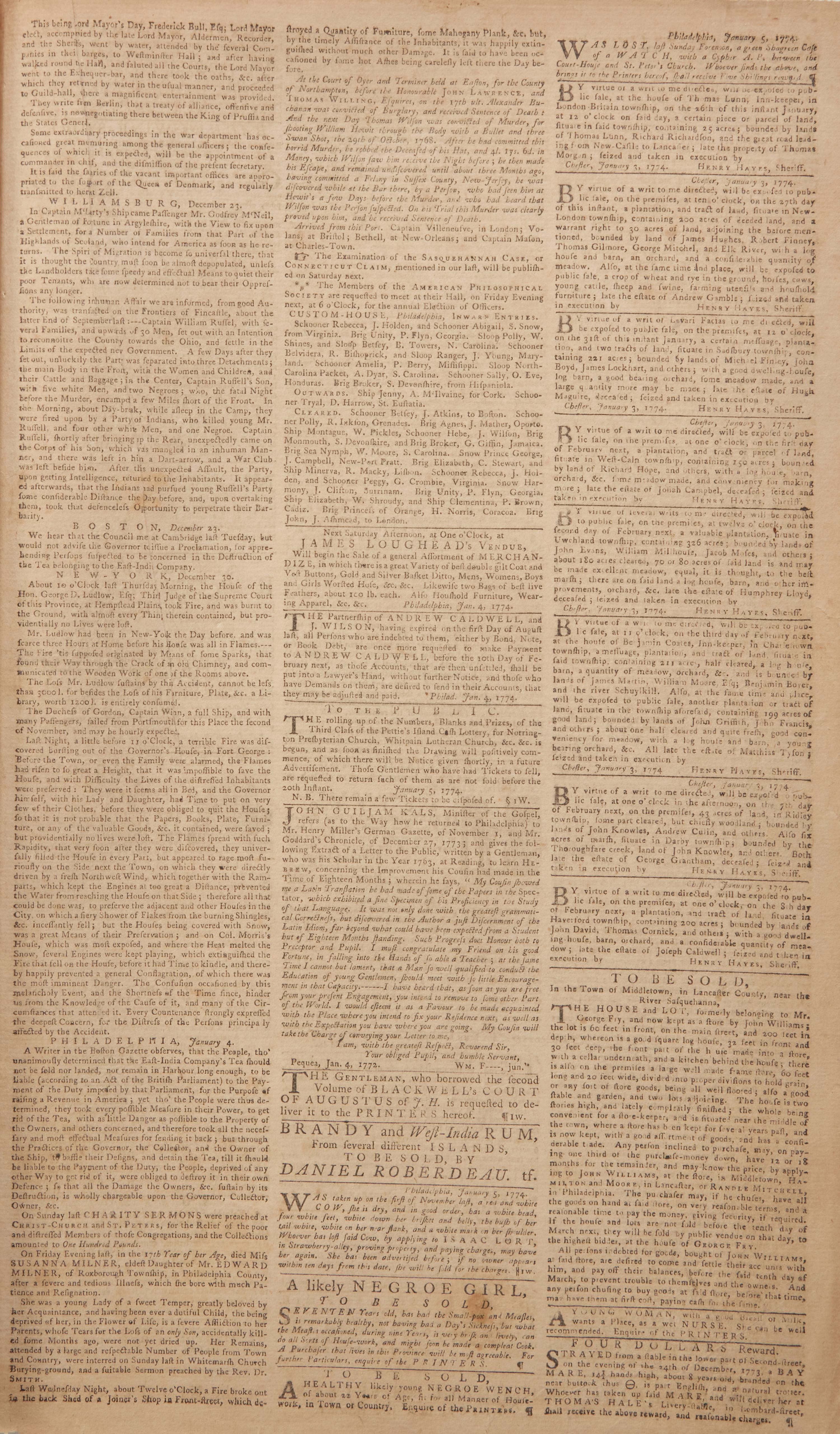 [American Revolution] Early Report of the Boston Tea Party, Printed by The Pennsylvania Gazette , One of Most Vocal Voices of Colonial Opposition