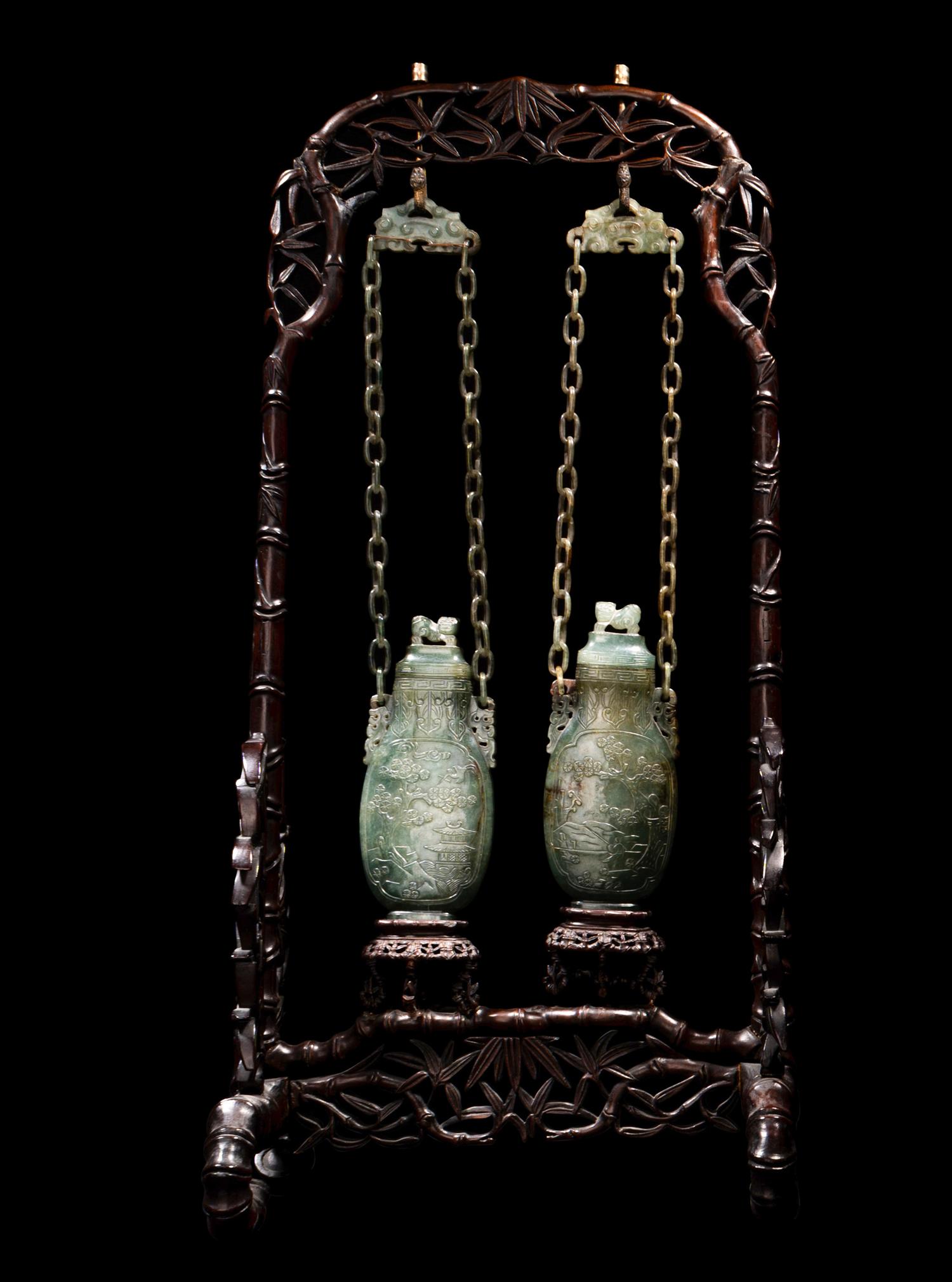 A Pair of Chinese Spinach Jade Covered Vases