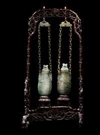 A Pair of Chinese Spinach Jade Covered Vases