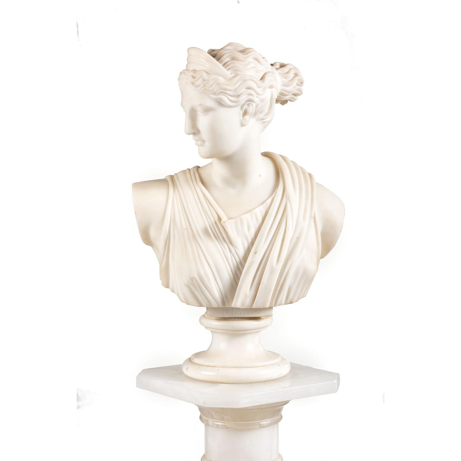 A Continental White Marble Bust of Diana the Huntress