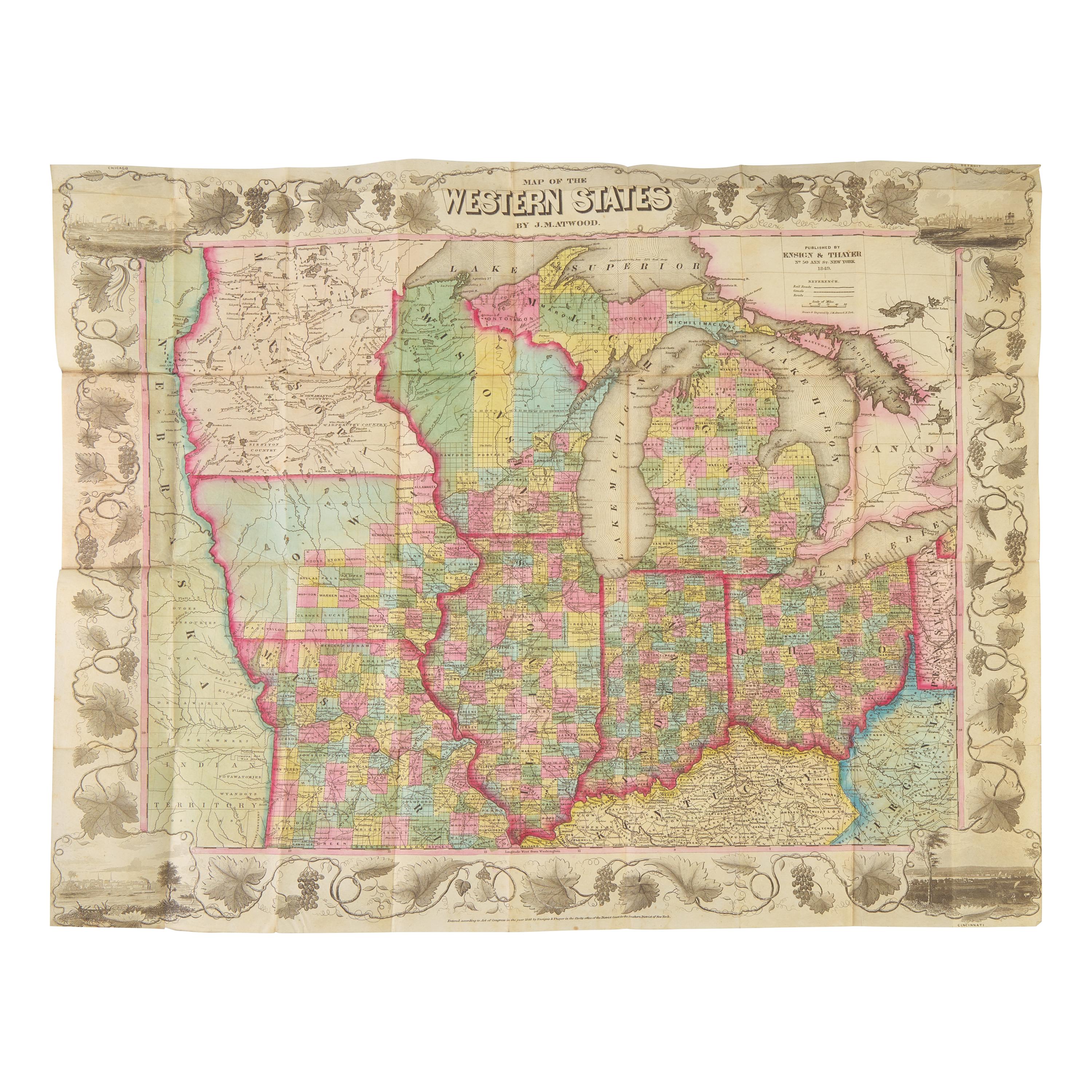 [Map]. Atwood, J.M. "Map of the Western States." In: Ensign & Thayer's Traveller's Guide Through the States of Ohio, Michigan, Indiana, Illinois, Missouri, Iowa, and Wisconsin; with Railroad, Canal, Stage, and Steamboat Routes... New York: Ensign & Thayer; Cincinnati: R. Blanchard, 1849.