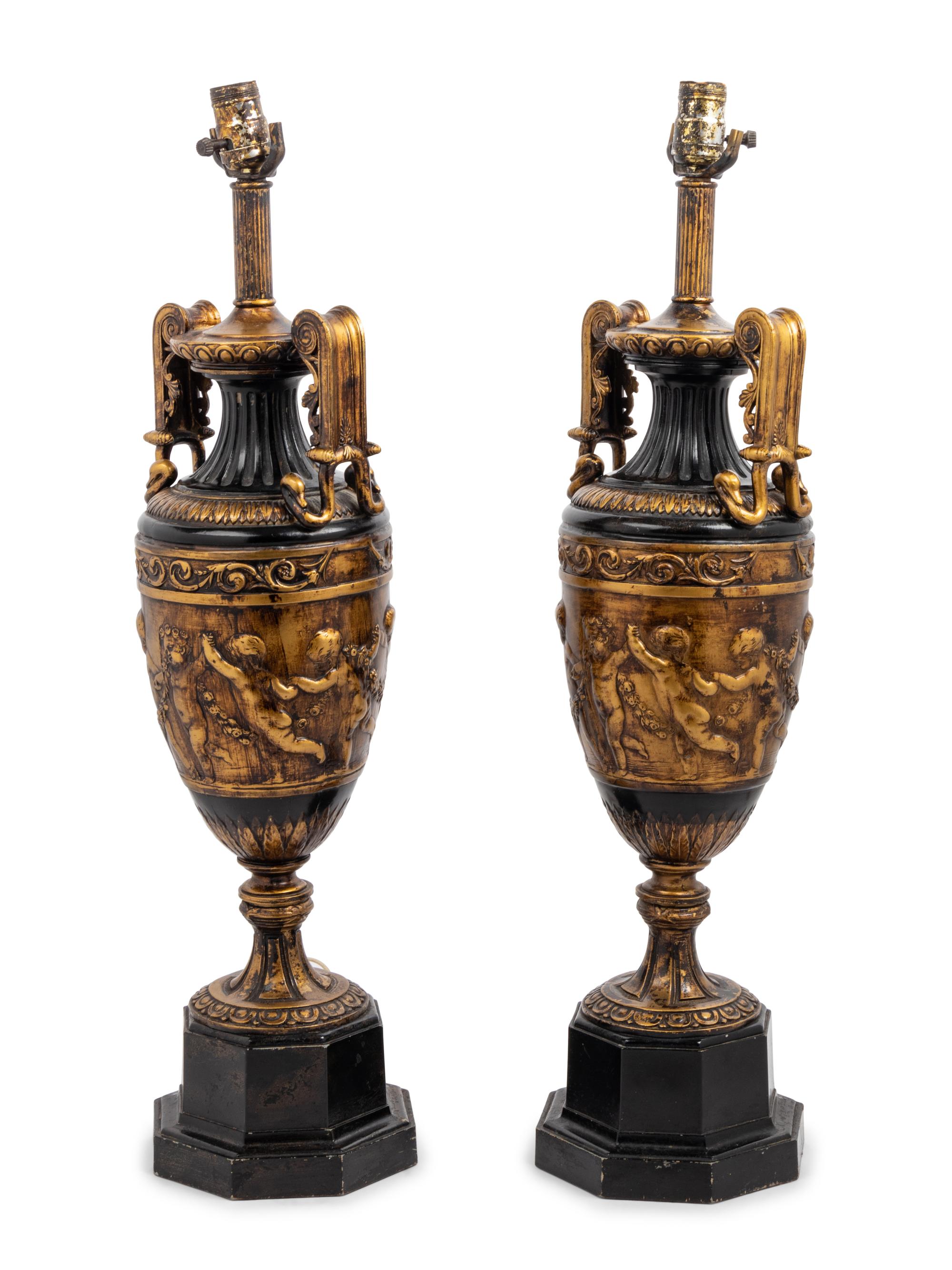 A Pair of Neoclassical Cast Metal Urn-Form Table Lamps