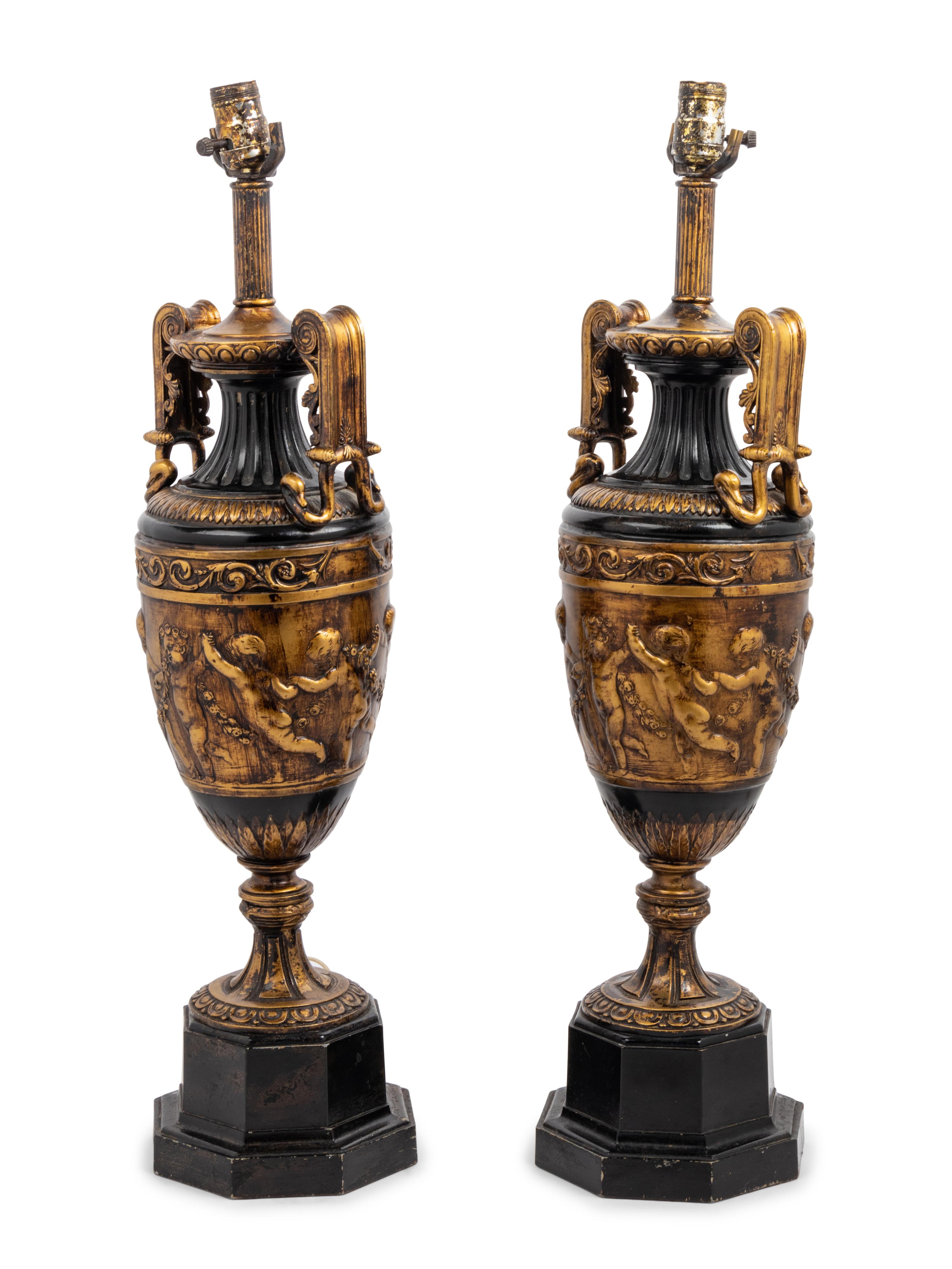 A Pair of Neoclassical Cast Metal Urn-Form Table Lamps