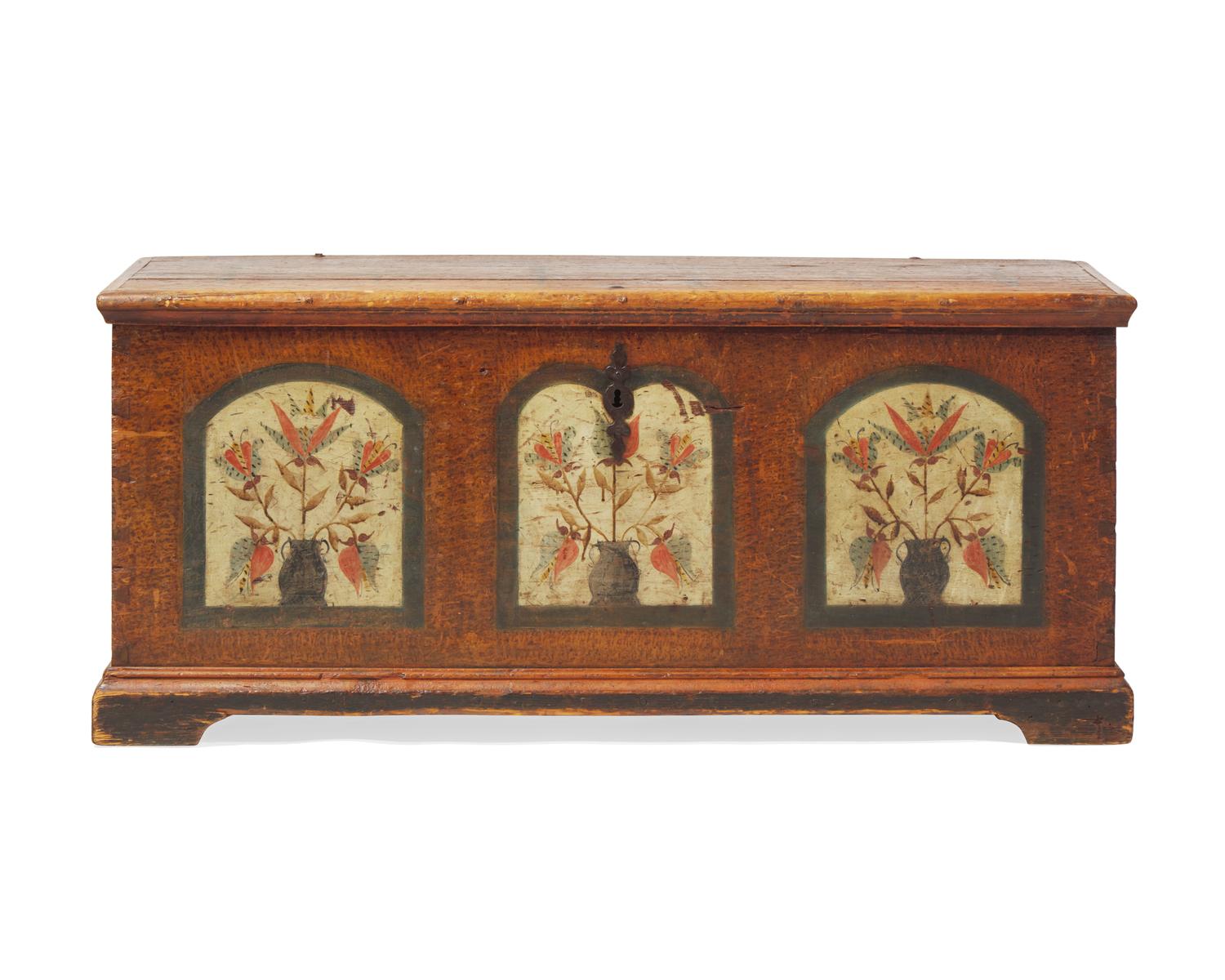A Painted And Decorated Yellow Pine Blanket Chest
