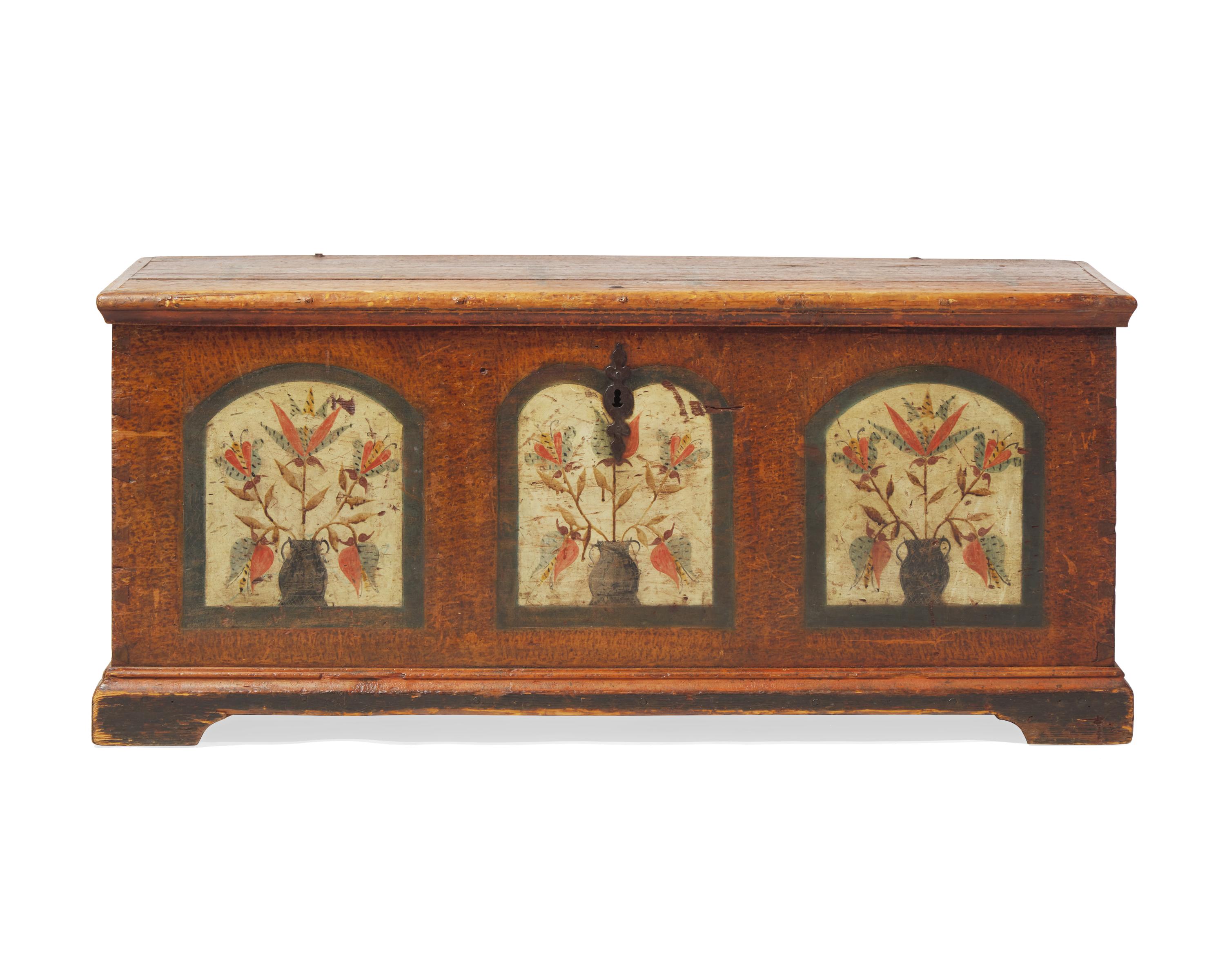 A Painted And Decorated Yellow Pine Blanket Chest