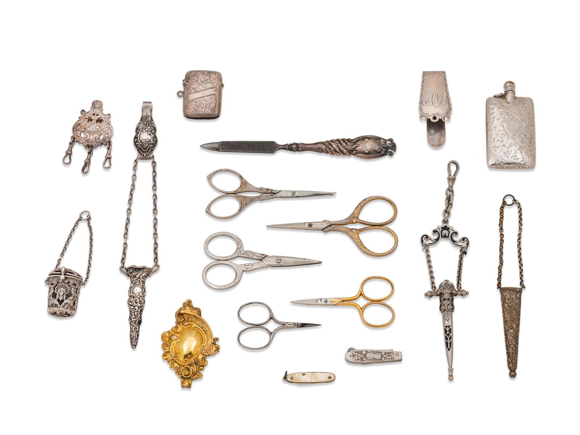 A Collection of Silver Chatelaine Articles, Needlework Scissors and Other Tools