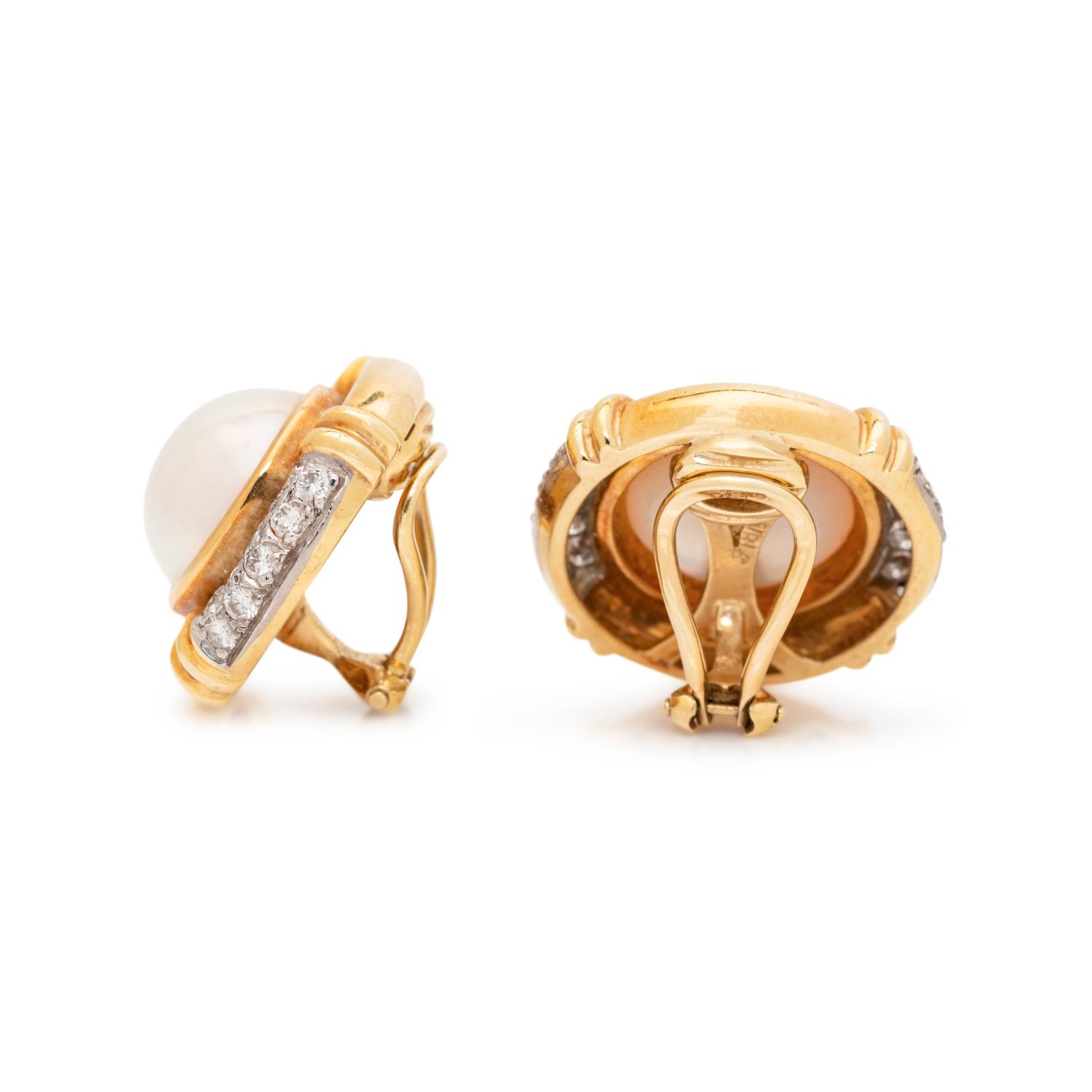 CULTURED MABE PEARL AND DIAMOND EARCLIPS