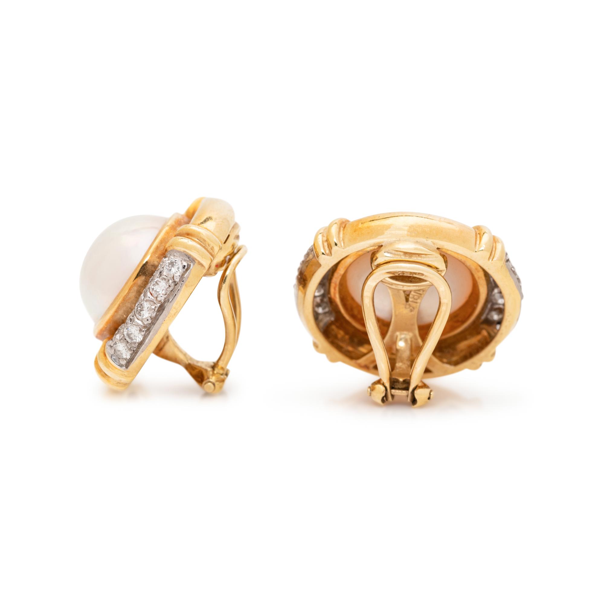 CULTURED MABE PEARL AND DIAMOND EARCLIPS