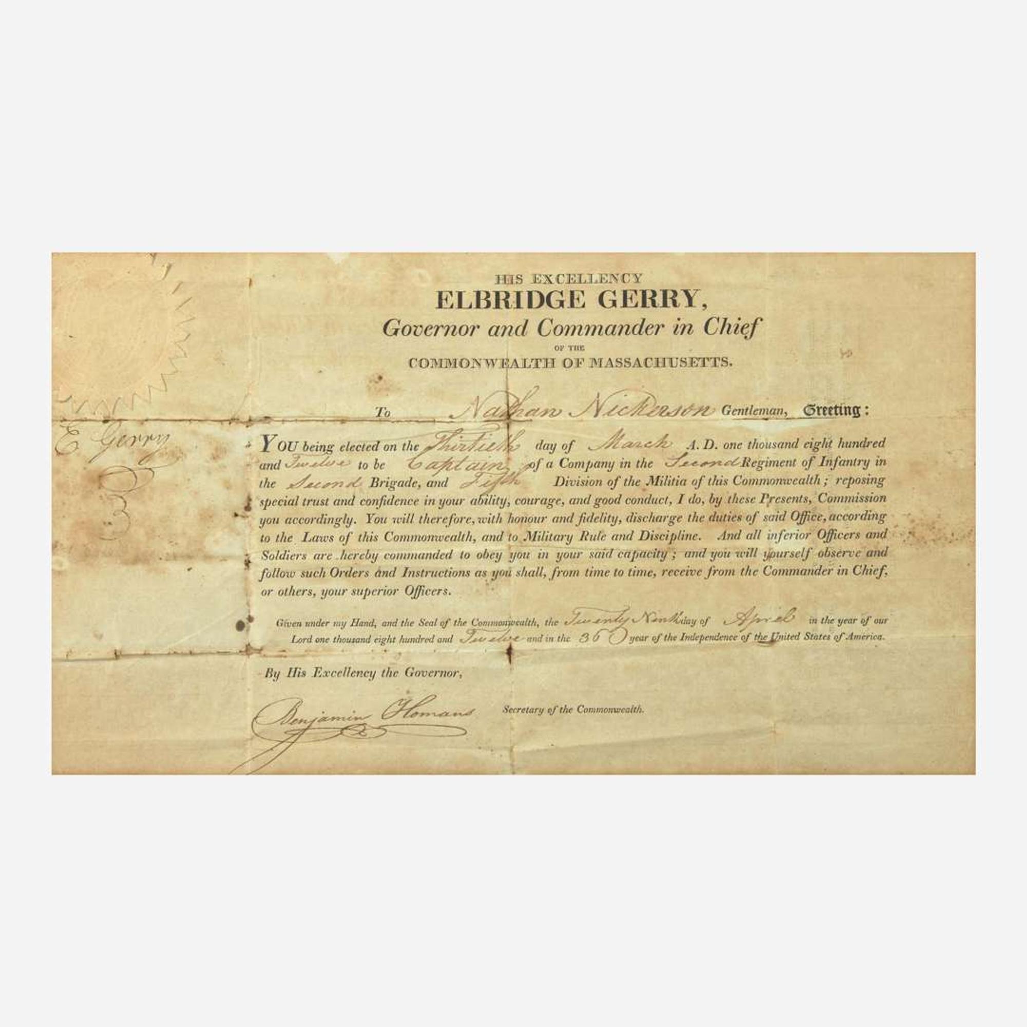 [Declaration of Independence] [Massachusetts] Gerry, Elbridge Partially-Printed Document, signed