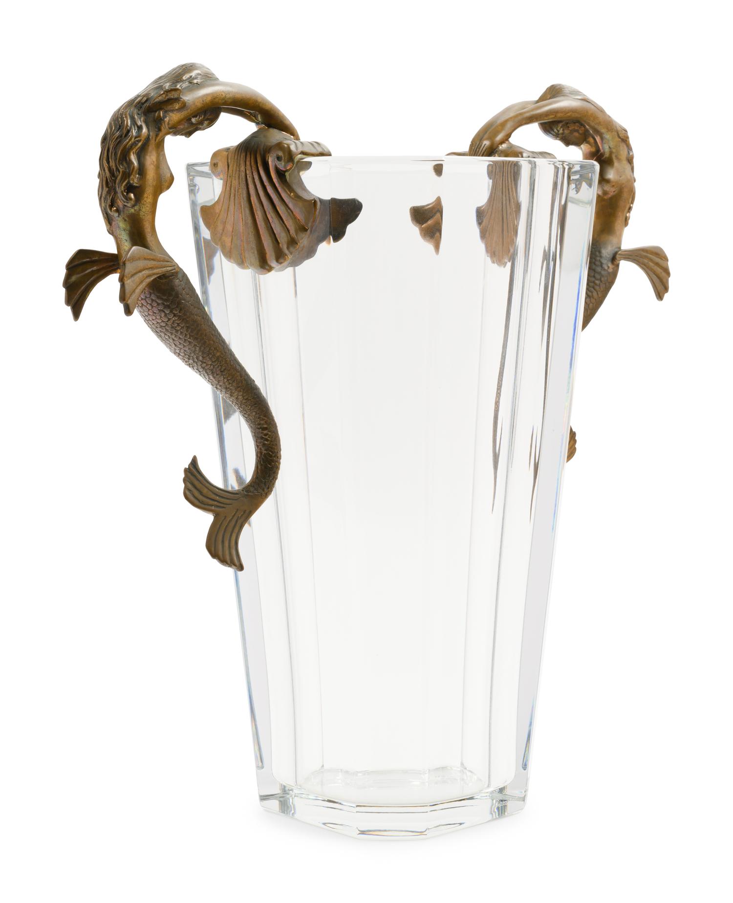 An Erté (Russian/French, 1892-1990) Gilt Bronze and Baccarat Glass Sea Maidens Vase
