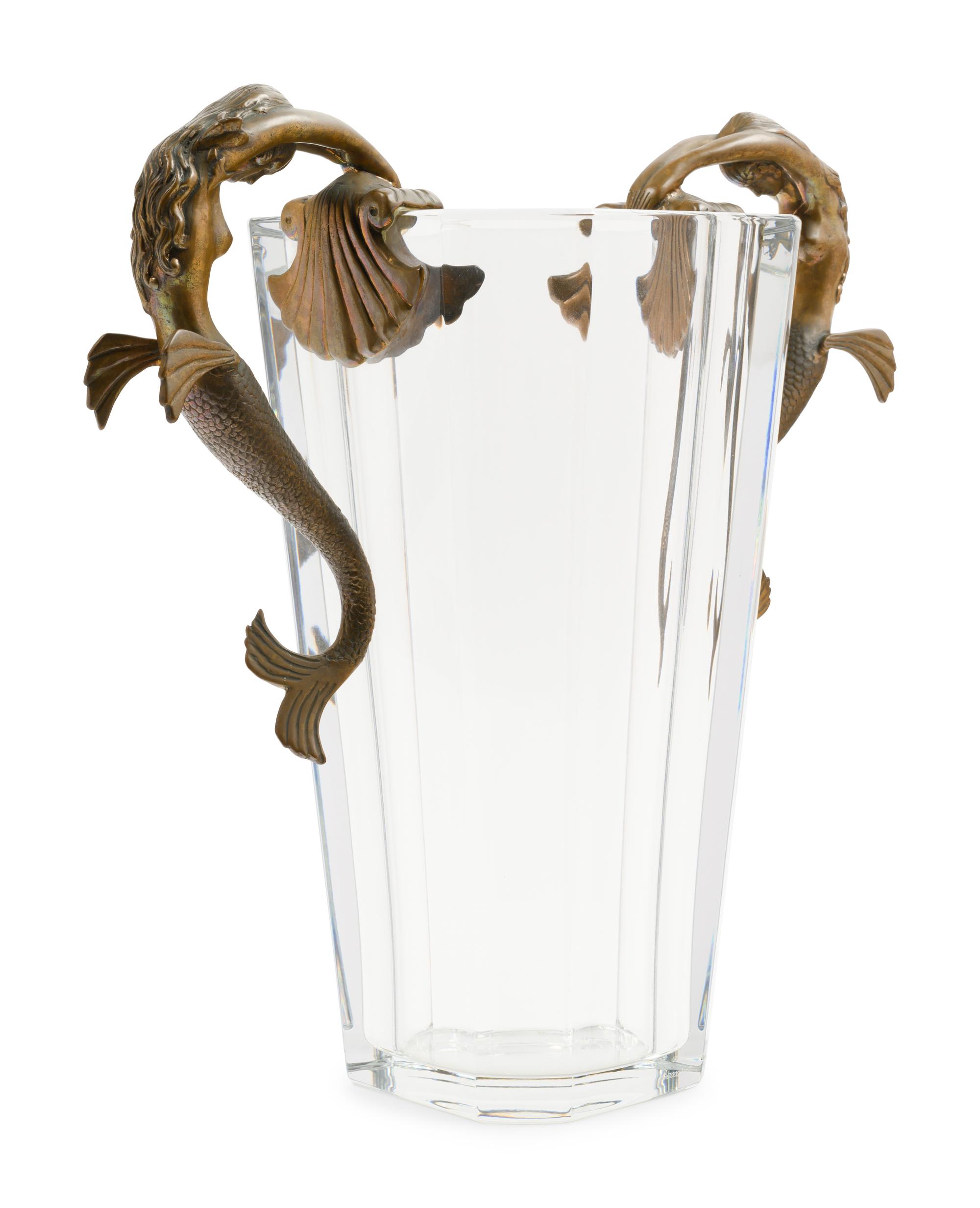 An Erté (Russian/French, 1892-1990) Gilt Bronze and Baccarat Glass Sea Maidens Vase