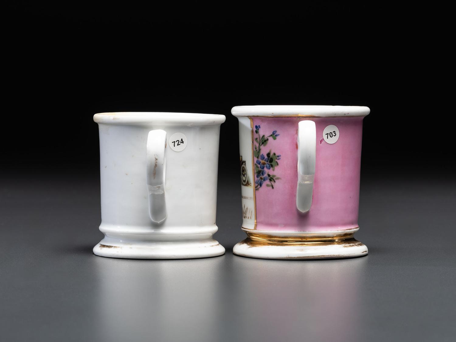 Two Porcelain Shaving Mugs Depicting Open Touring Cars