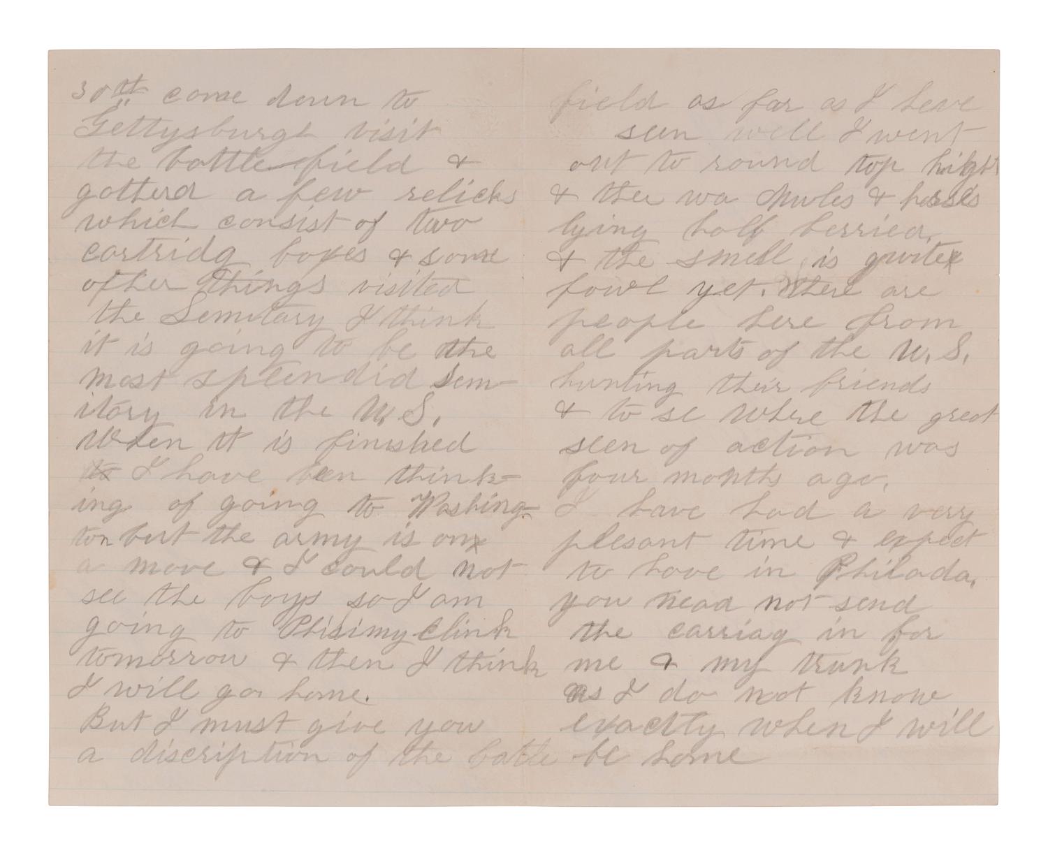 [CIVIL WAR]. Letter postmarked from Gettysburg describing the conditions of the battlefield four months post engagement. "Gettysburg," 30 October 1863.