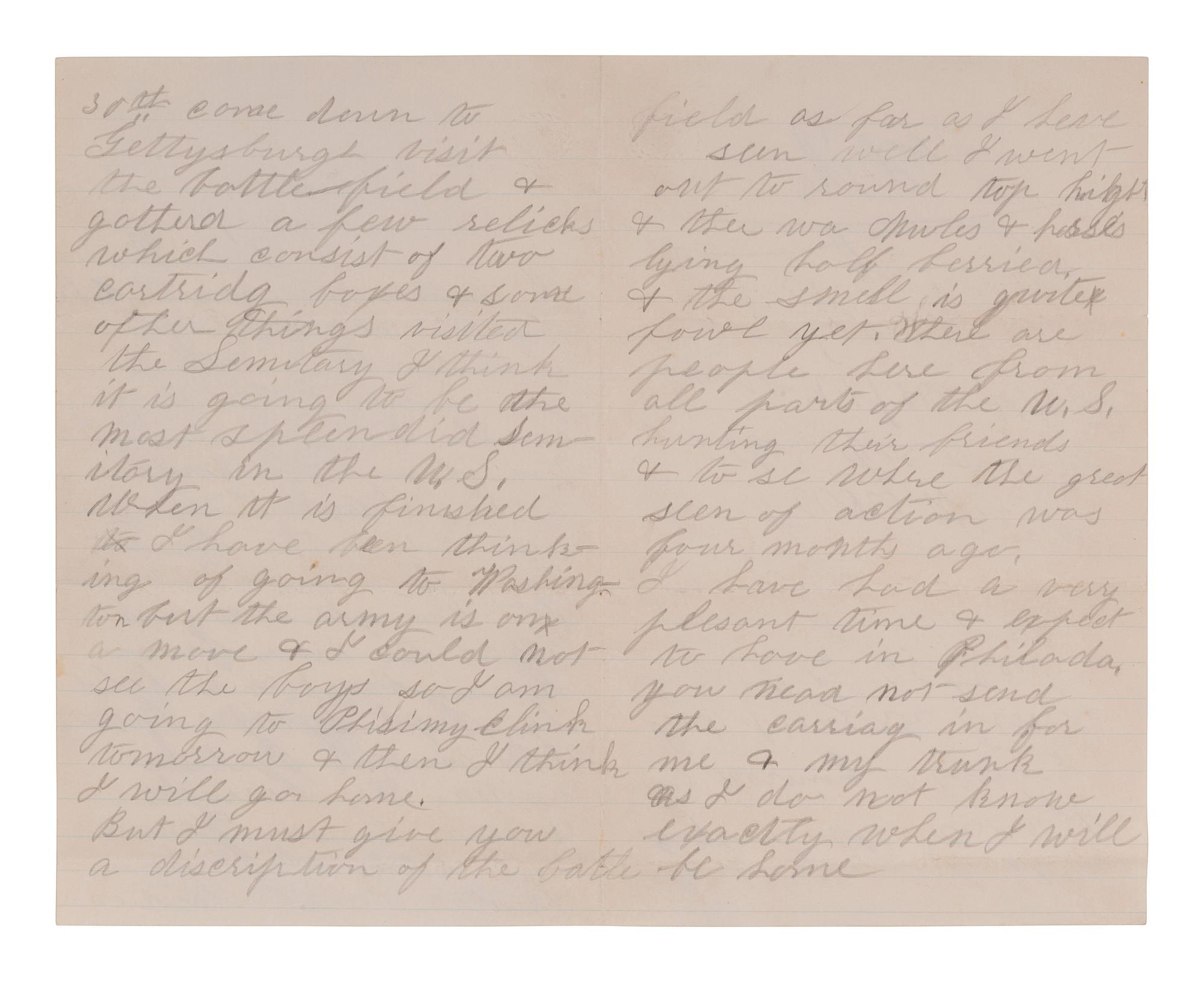 [CIVIL WAR]. Letter postmarked from Gettysburg describing the conditions of the battlefield four months post engagement. "Gettysburg," 30 October 1863.