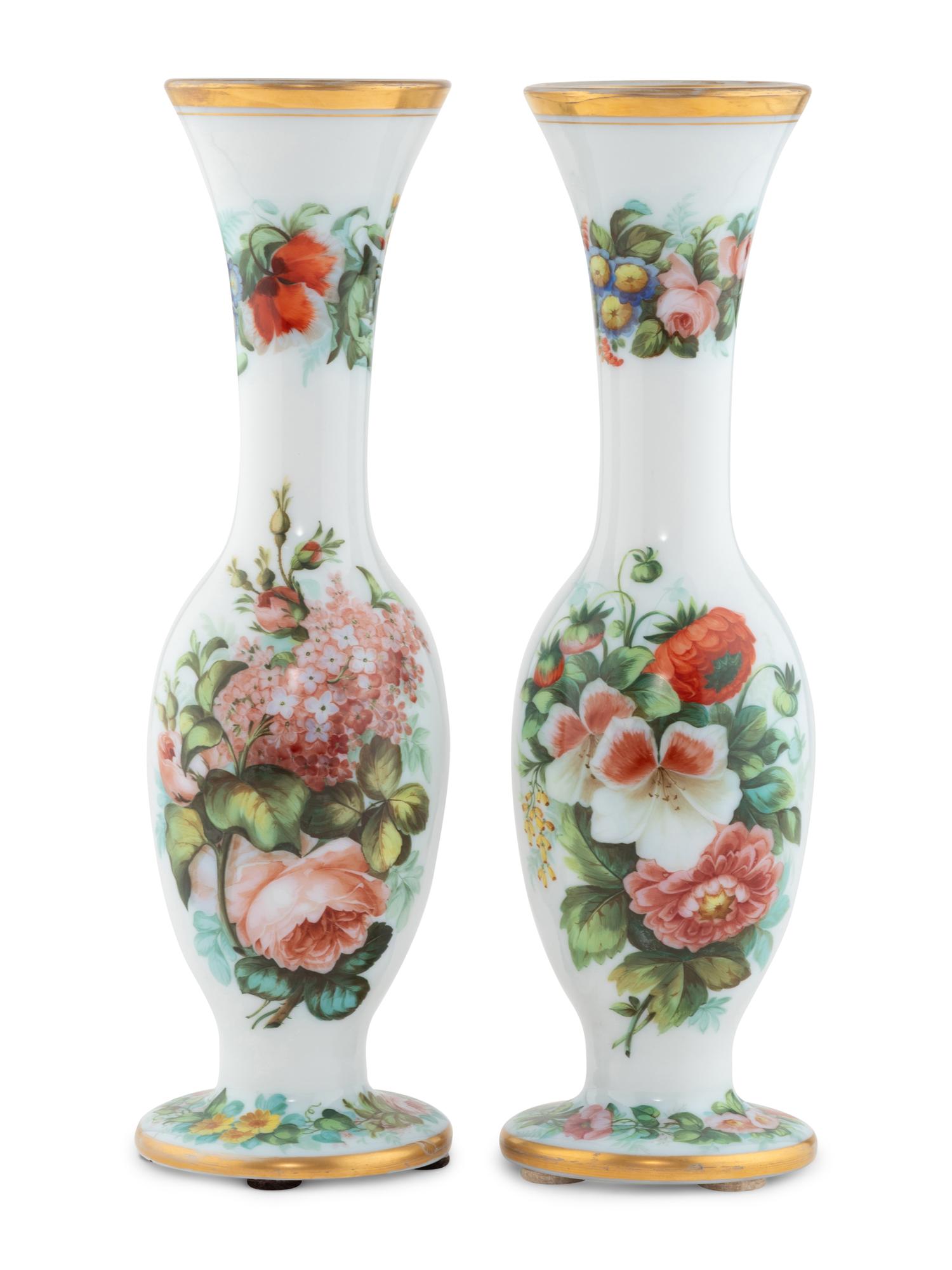 A Pair of French Opaline Glass Painted Vases