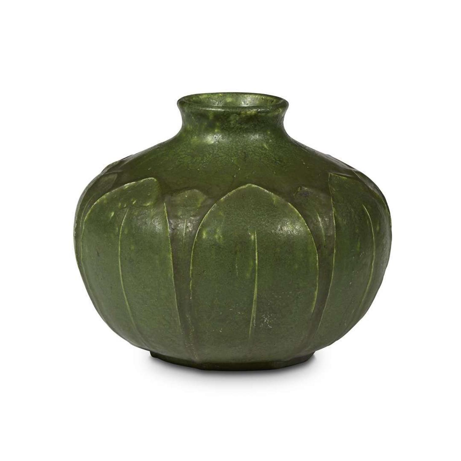 Wilhelmina Post for Grueby squat, bulbous matte green vase with leaves, boston, massachusetts,