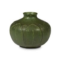 Wilhelmina Post for Grueby squat, bulbous matte green vase with leaves, boston, massachusetts,