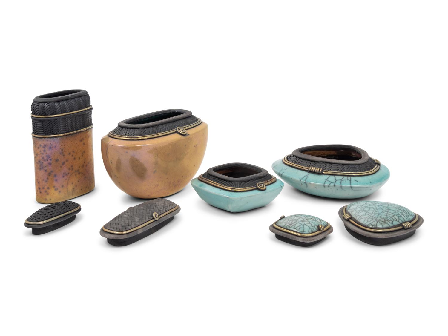 Four Studio Ceramic Glazed and Parcel Gilt Lidded Bowls