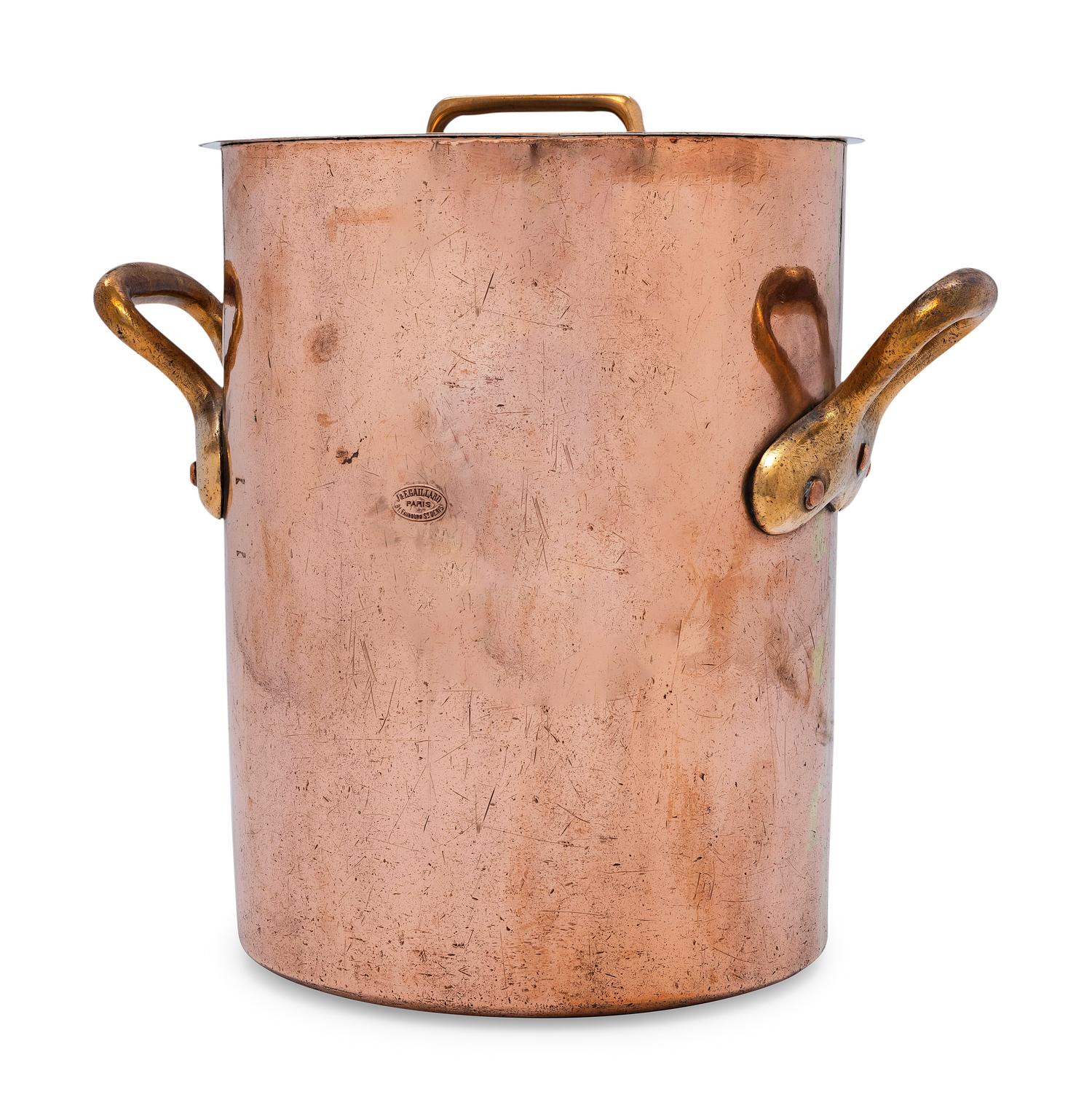 A French Copper Stock Pot with Cover and Brass Handles