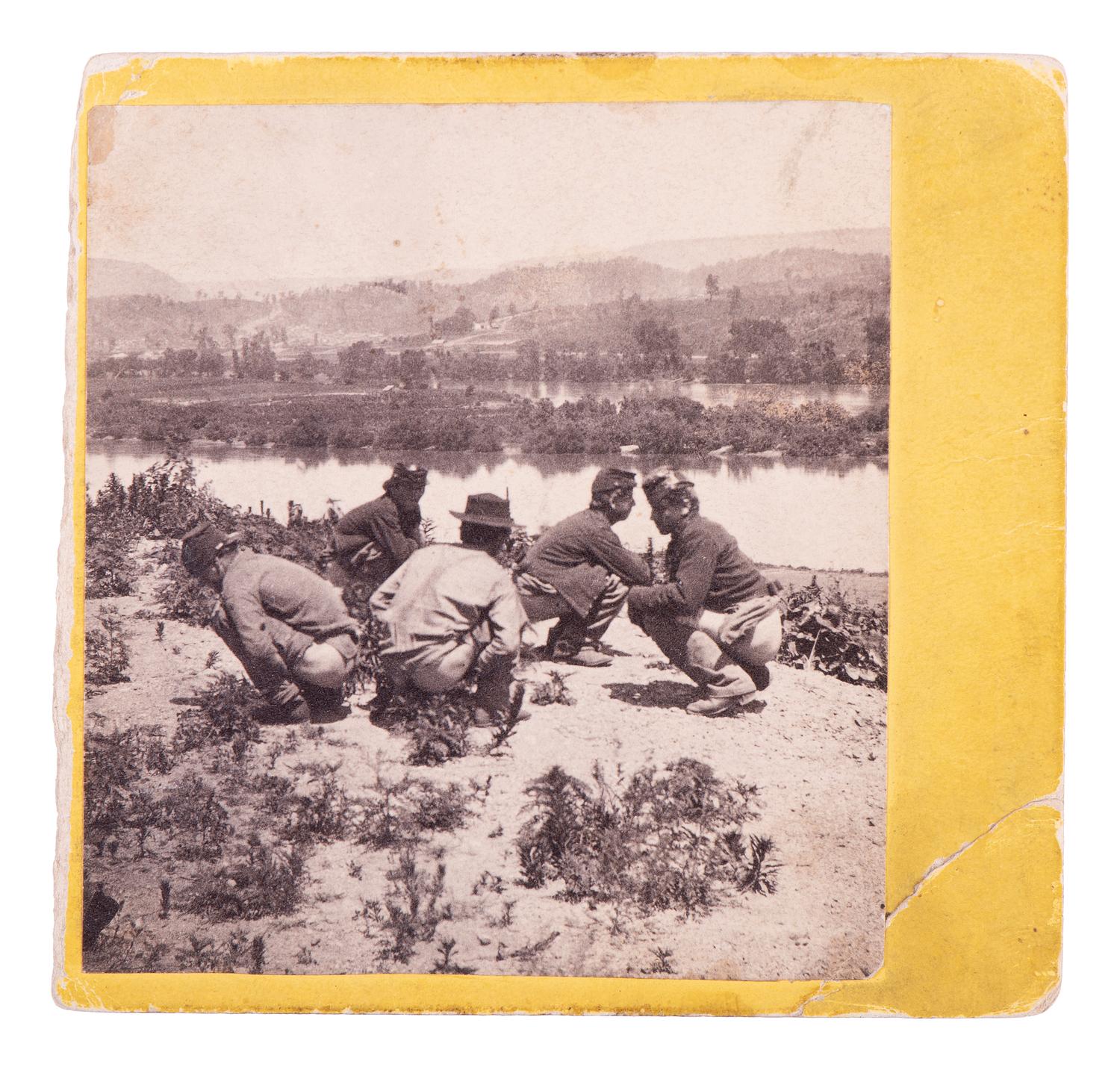 Civil War partial stereoview capturing soldiers' private moment.