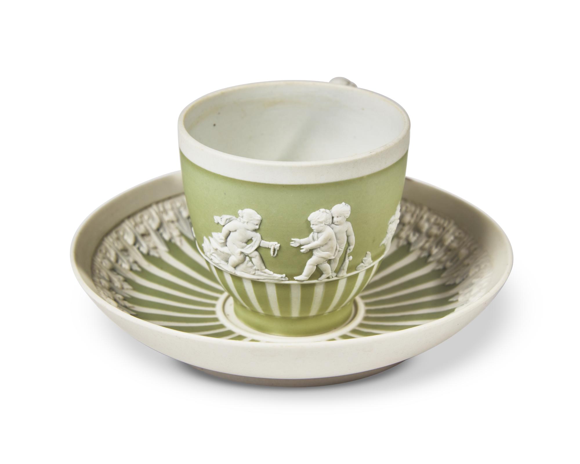 A Wedgwood Green Dip Jasperware Cup and Saucer