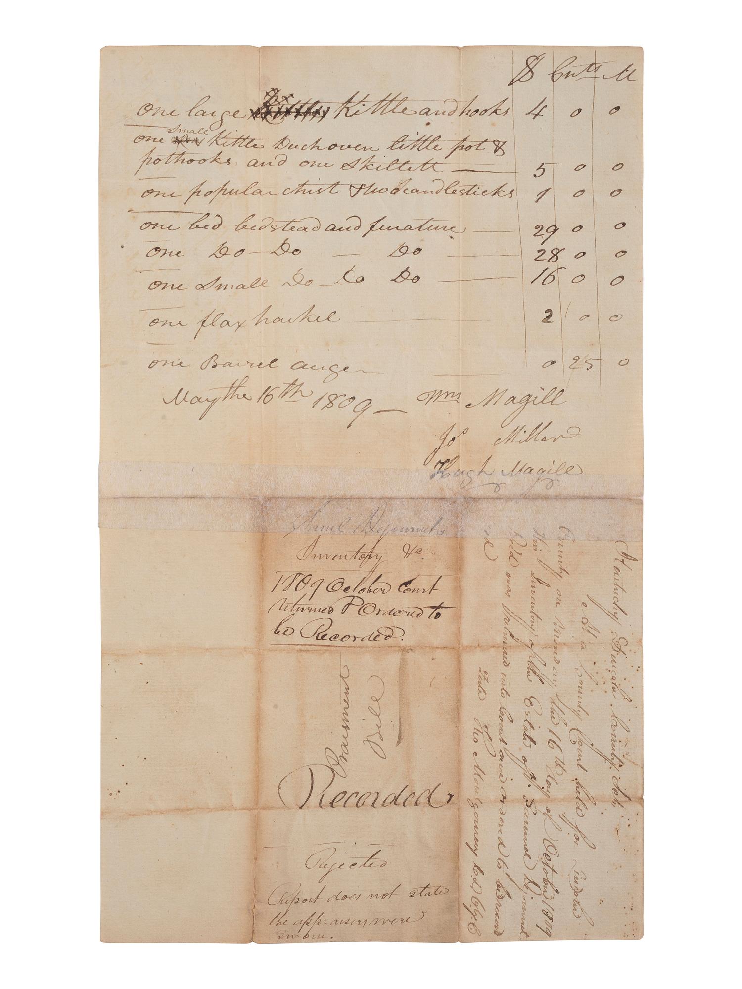 [ENSLAVEMENT & ABOLITION]. A group of 4 estate documents listing individual enslaved persons, most by name. [Lincoln County, KY], 1809-1830.