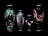 Four Japanese Black Ground Cloisonné Vases