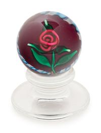 A Charles Kaziun Jr. Red Spider Lily on Blue Aventurine Ground Miniature Tilted Pedestal Glass Paperweight