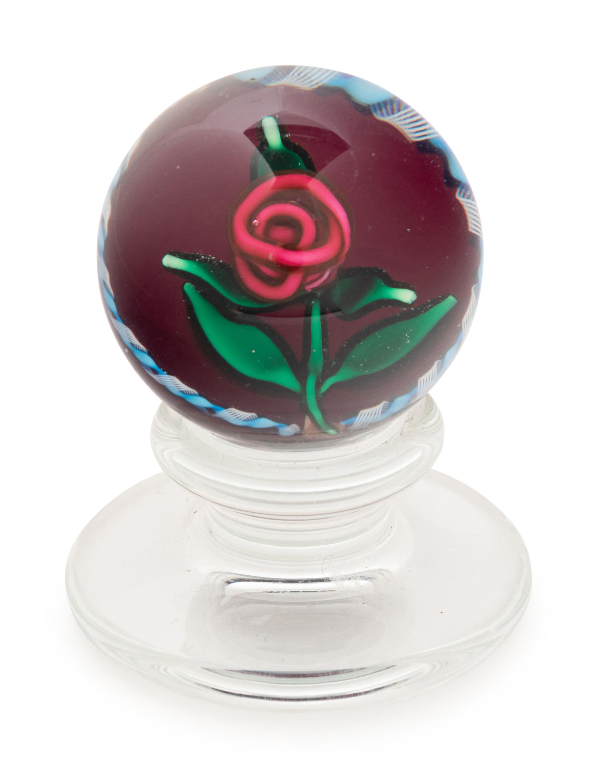 A Charles Kaziun Jr. Red Spider Lily on Blue Aventurine Ground Miniature Tilted Pedestal Glass Paperweight