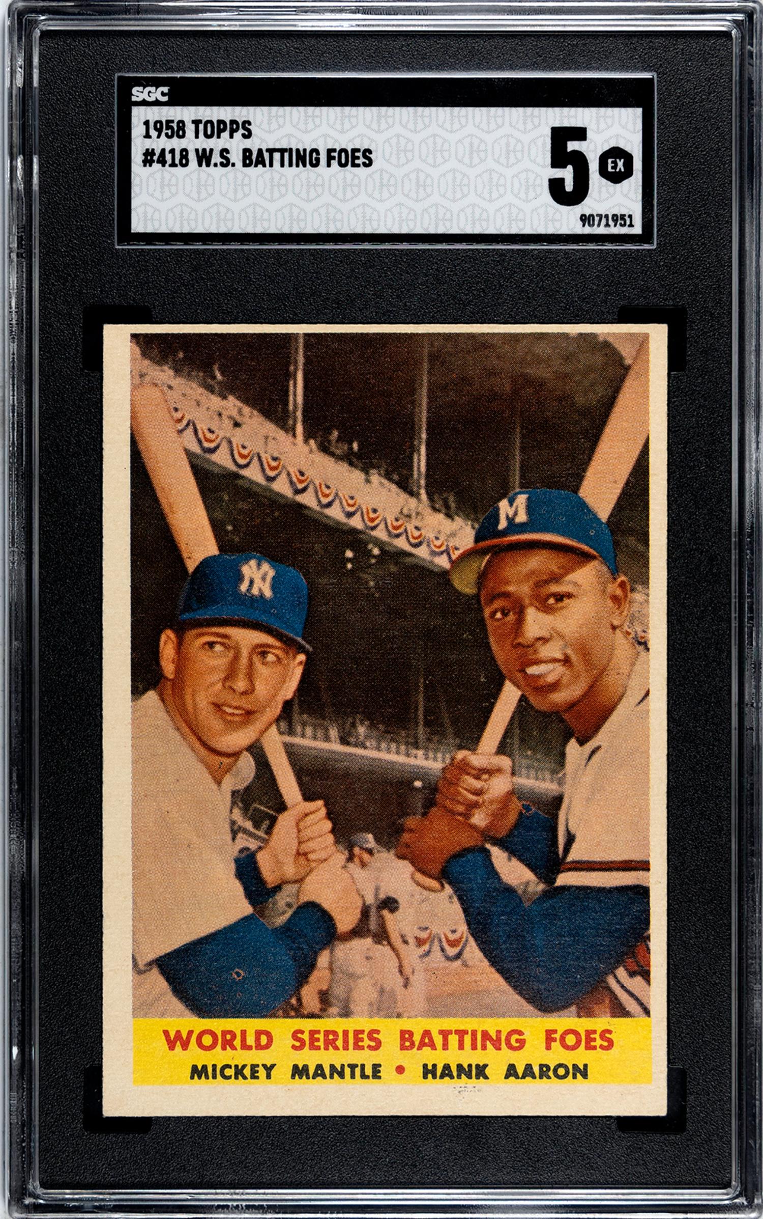 A 1958 Topps Mickey Mantle and Hank Aaron World Series Batting Foes Baseball Card No. 418 (SGC 5 EX)