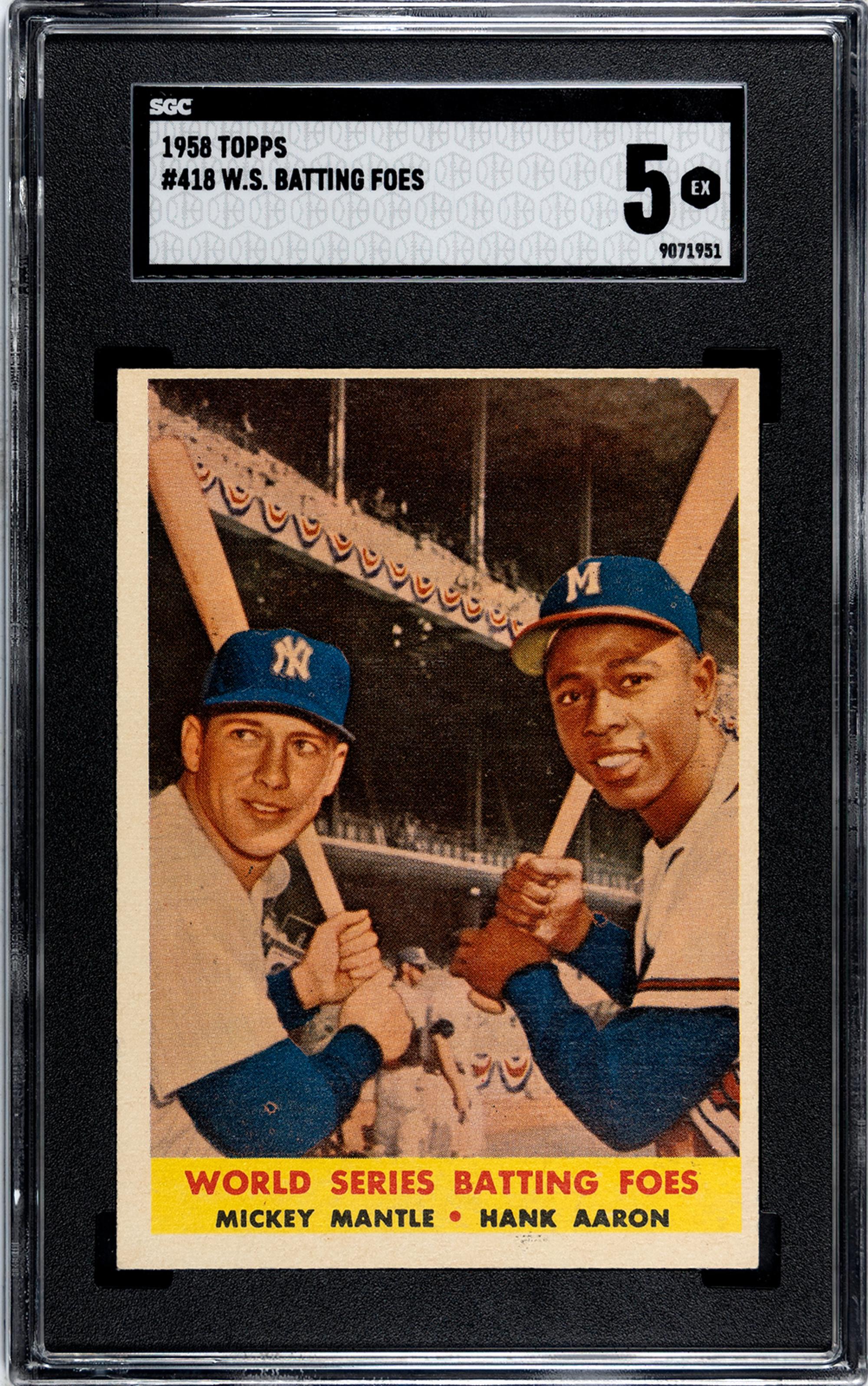 A 1958 Topps Mickey Mantle and Hank Aaron World Series Batting Foes Baseball Card No. 418 (SGC 5 EX)