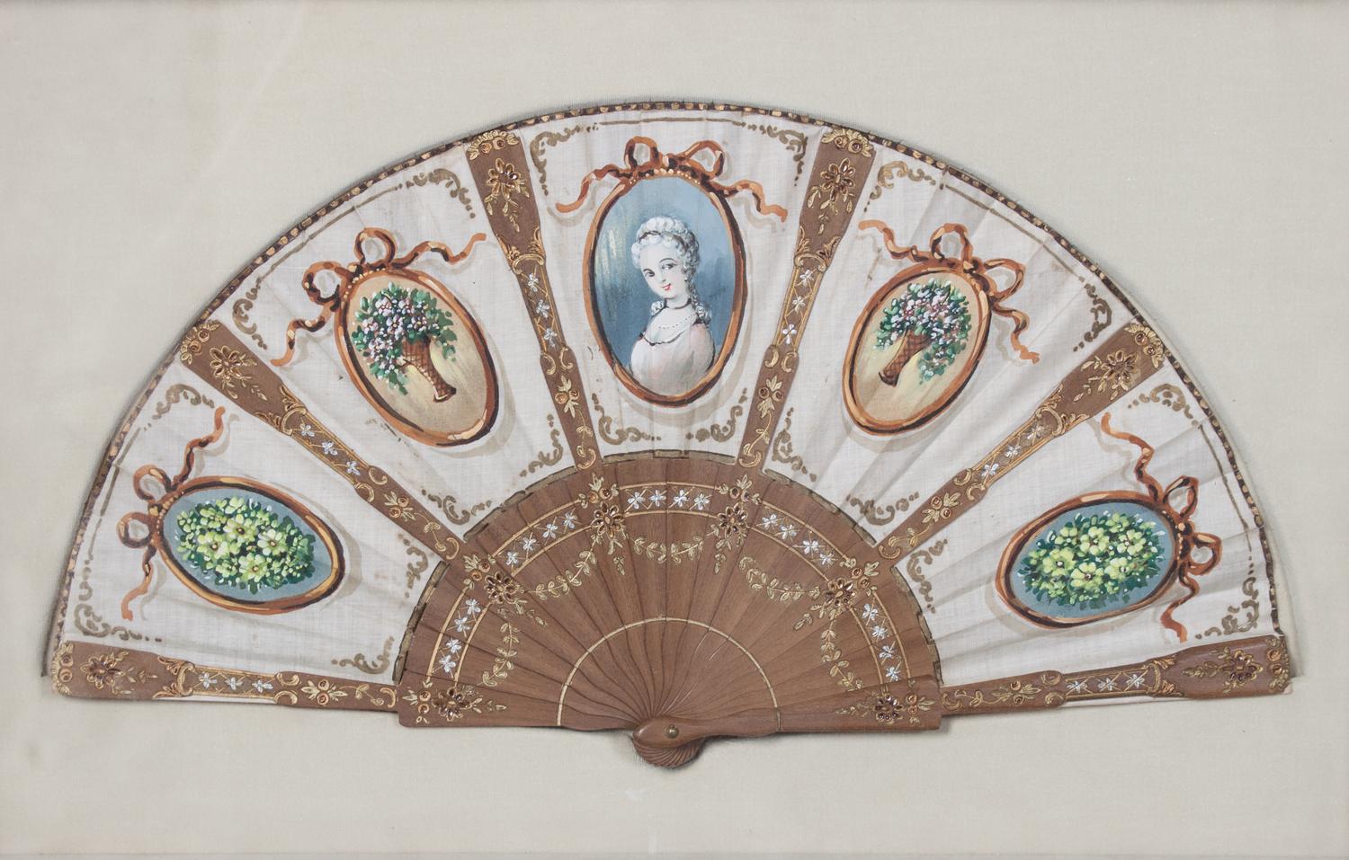 Five French Painted Paper Fans Width of first 15 1/2 inches. — 20TH CENTURY