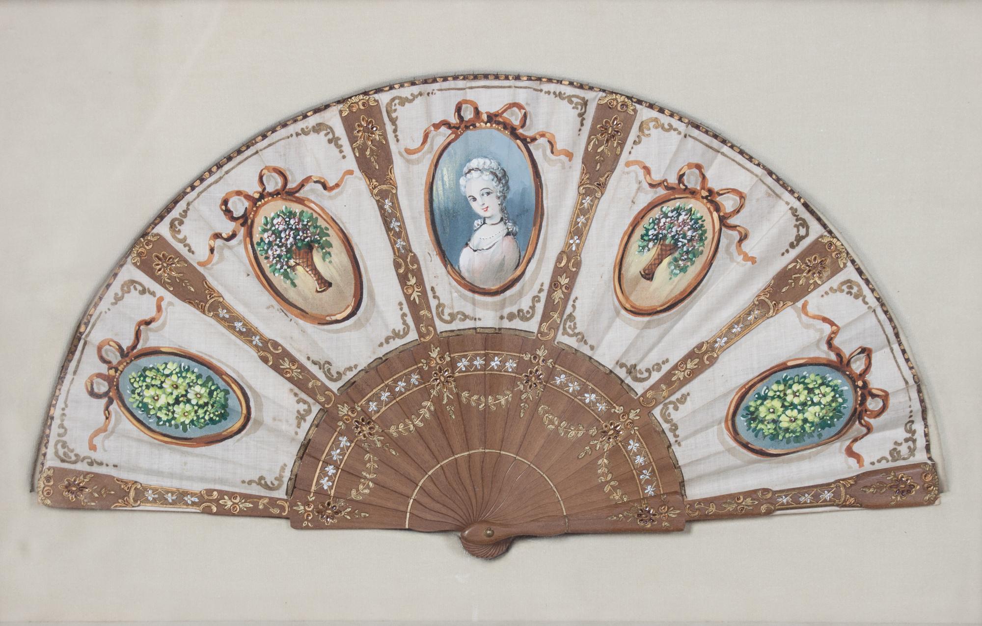 Five French Painted Paper Fans Width of first 15 1/2 inches. — 20TH CENTURY