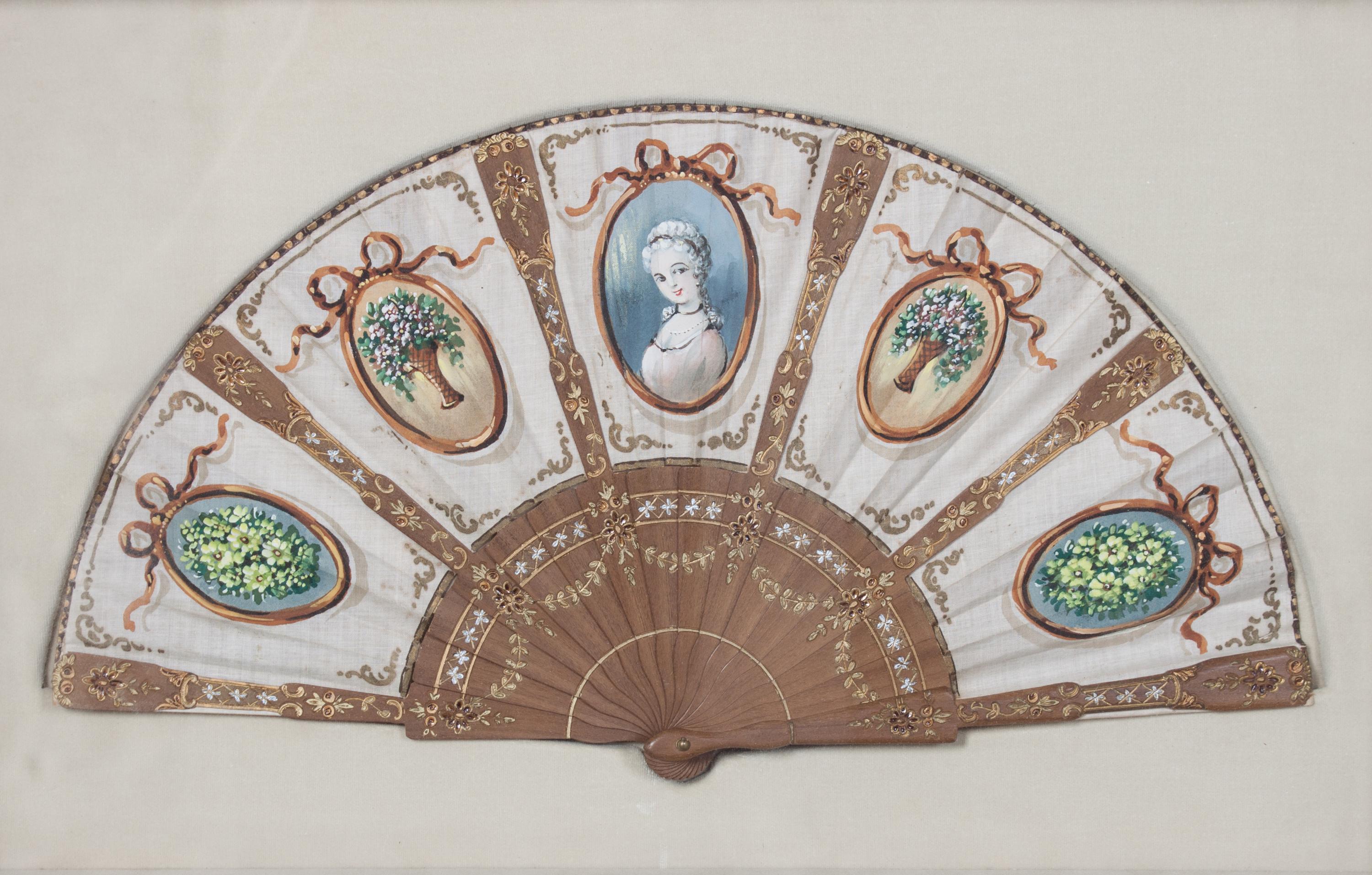 Five French Painted Paper Fans Width of first 15 1/2 inches. — 20TH CENTURY