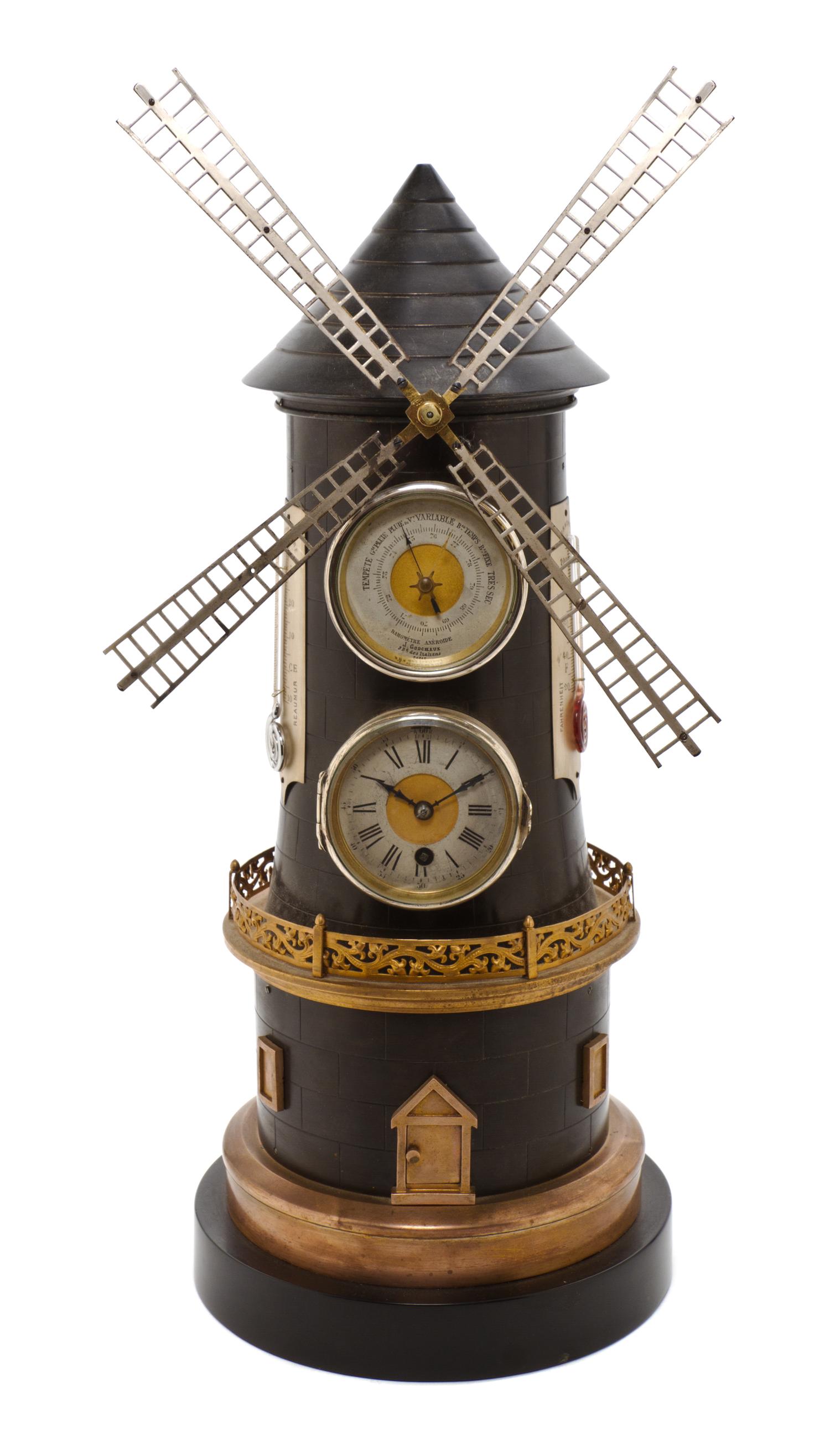 A French Bronze Industrial Clock and Barometer, Height 17 3/8 inches.