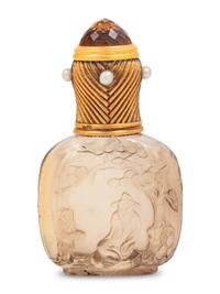 A Fabergé Yellow Gold and Pearl-Inset Mounted Carved Smokey Quartz Snuff Bottle