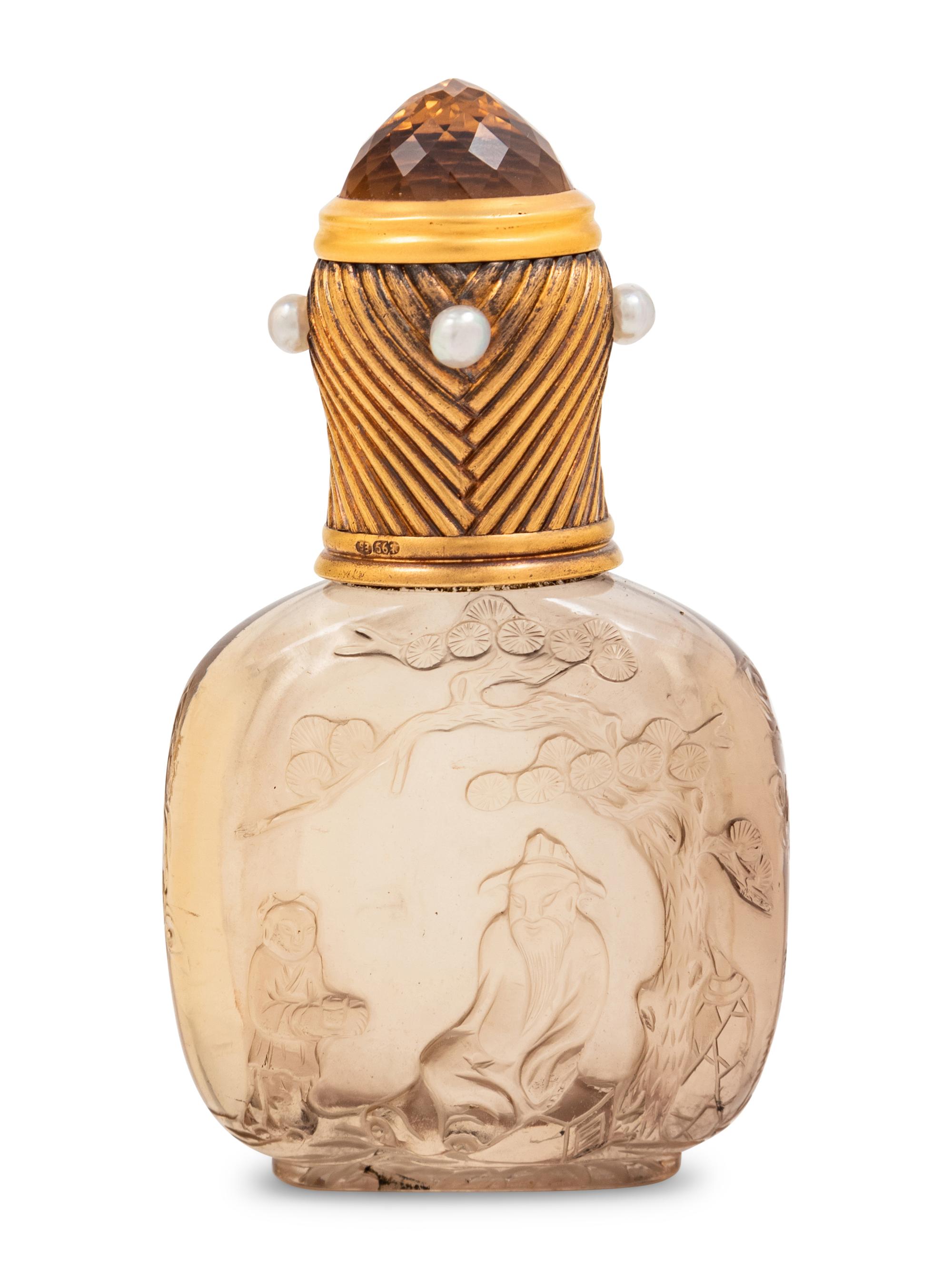 A Fabergé Yellow Gold and Pearl-Inset Mounted Carved Smokey Quartz Snuff Bottle