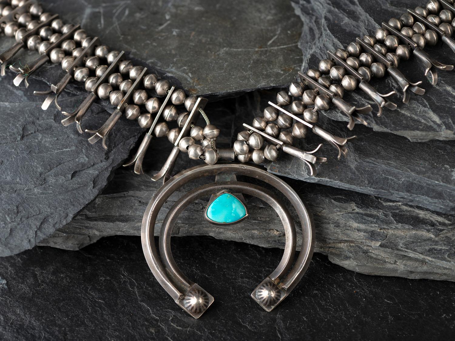 Navajo Silver and Turquoise Squash Blossom Necklace