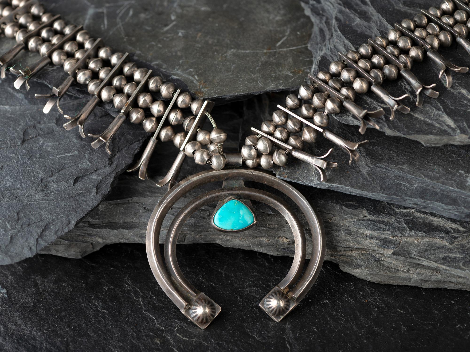 Navajo Silver and Turquoise Squash Blossom Necklace
