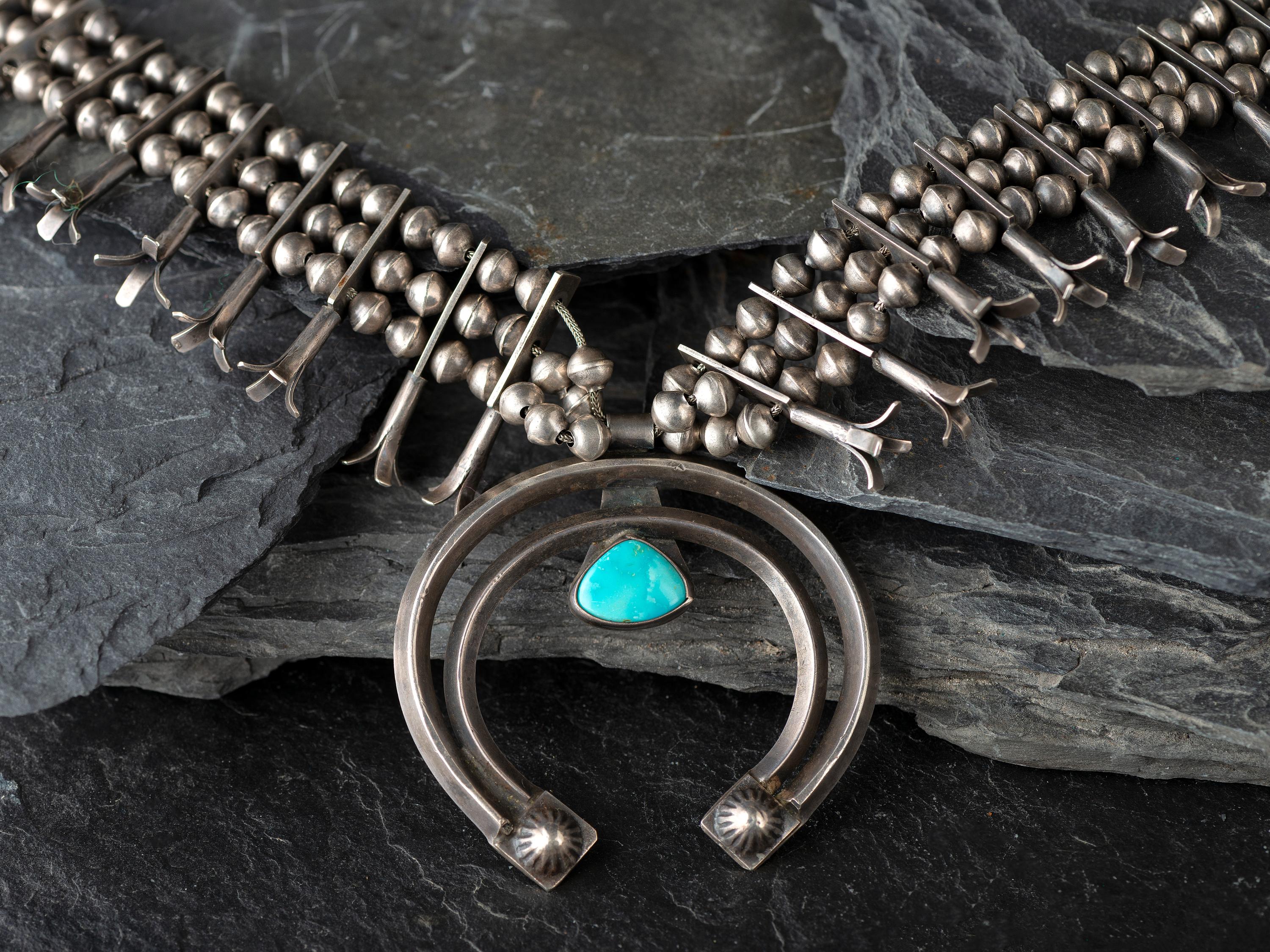 Navajo Silver and Turquoise Squash Blossom Necklace